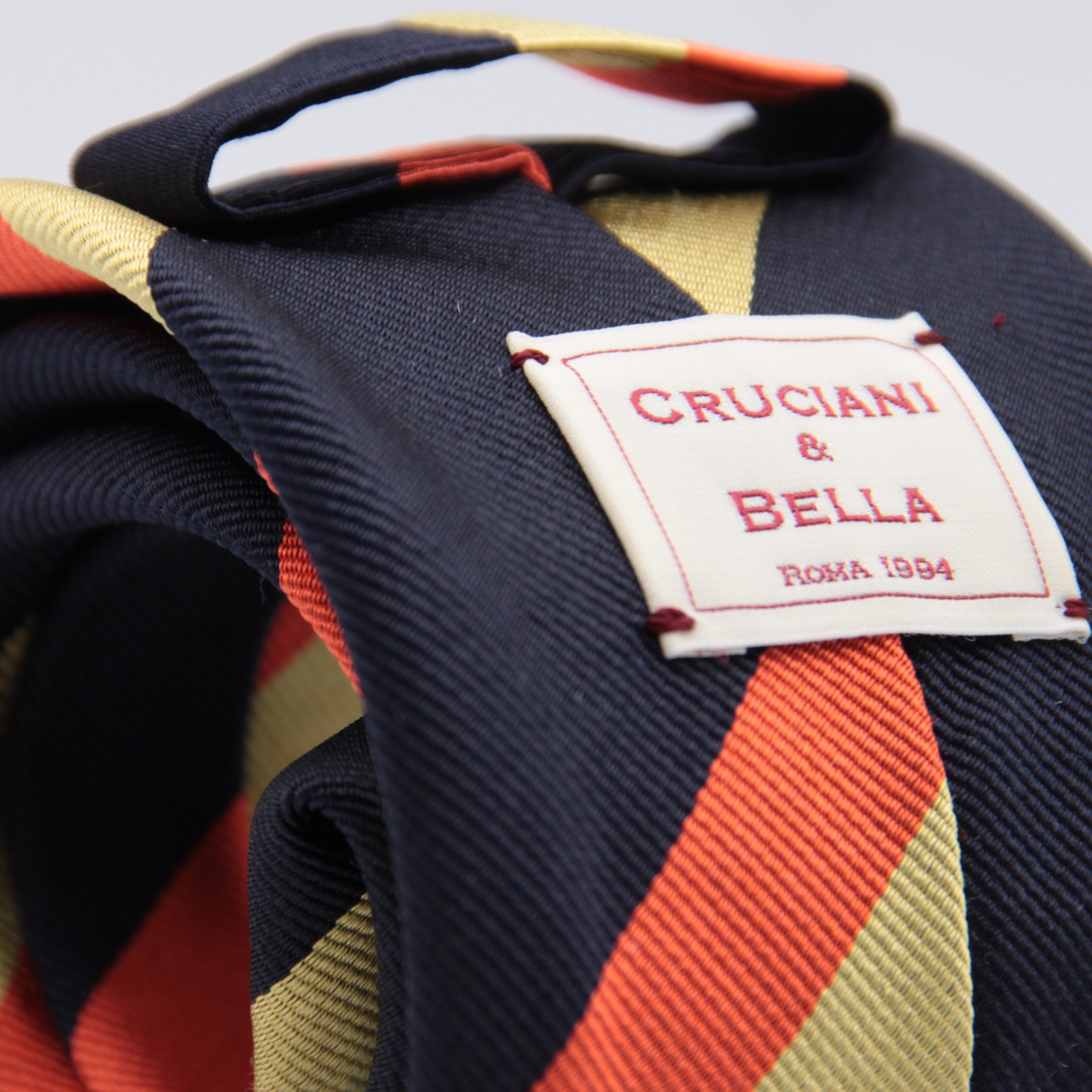 Cruciani & Bella 100% Silk Slim Shape Jacquard  Unlined Regimental "Oxfordshire and Buckinghamshire" Dark Blue, Gold and Orange stripes tie Handmade in Italy 8 cm x 150 cm #6145