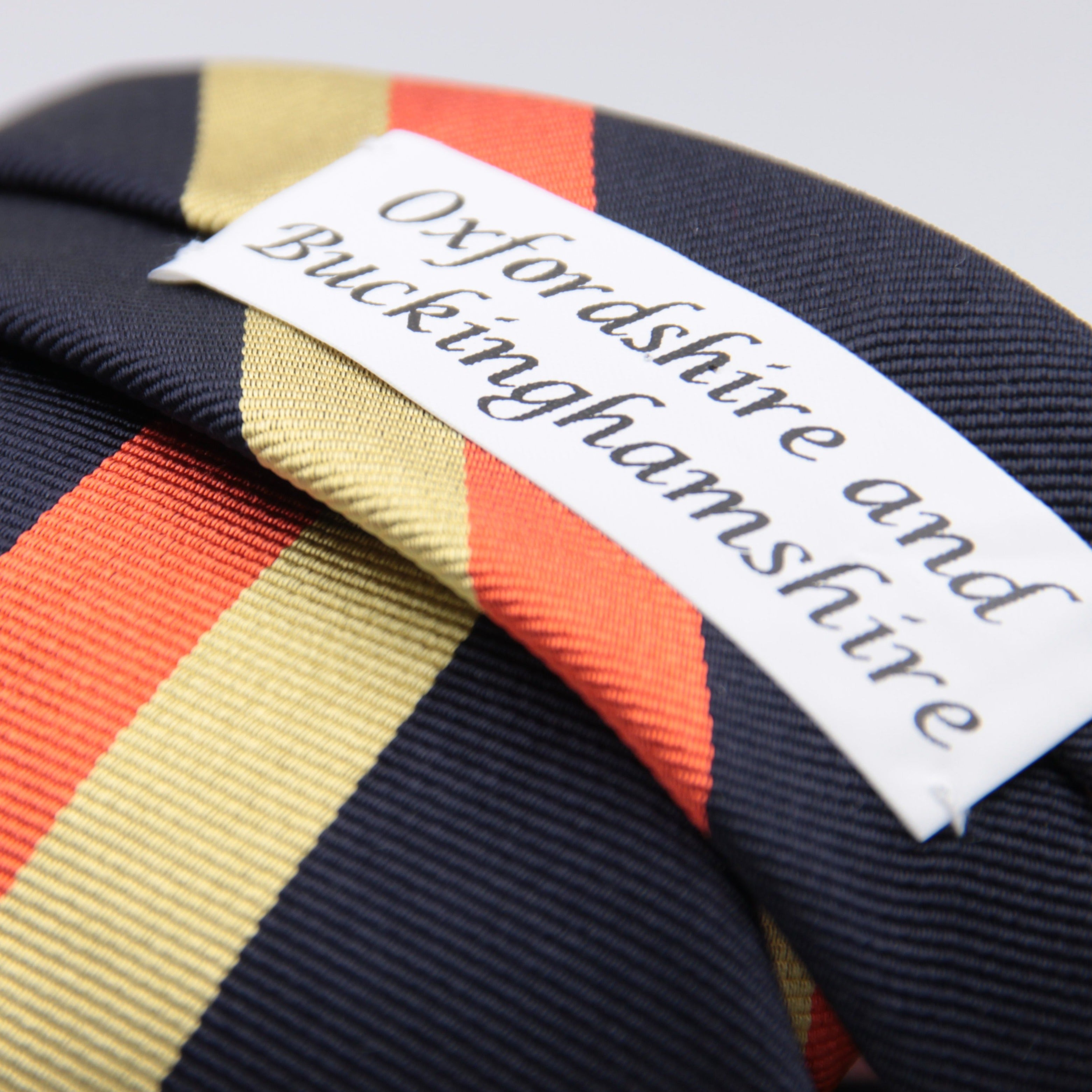 Cruciani & Bella 100% Silk Slim Shape Jacquard  Unlined Regimental "Oxfordshire and Buckinghamshire" Dark Blue, Gold and Orange stripes tie Handmade in Italy 8 cm x 150 cm #6145