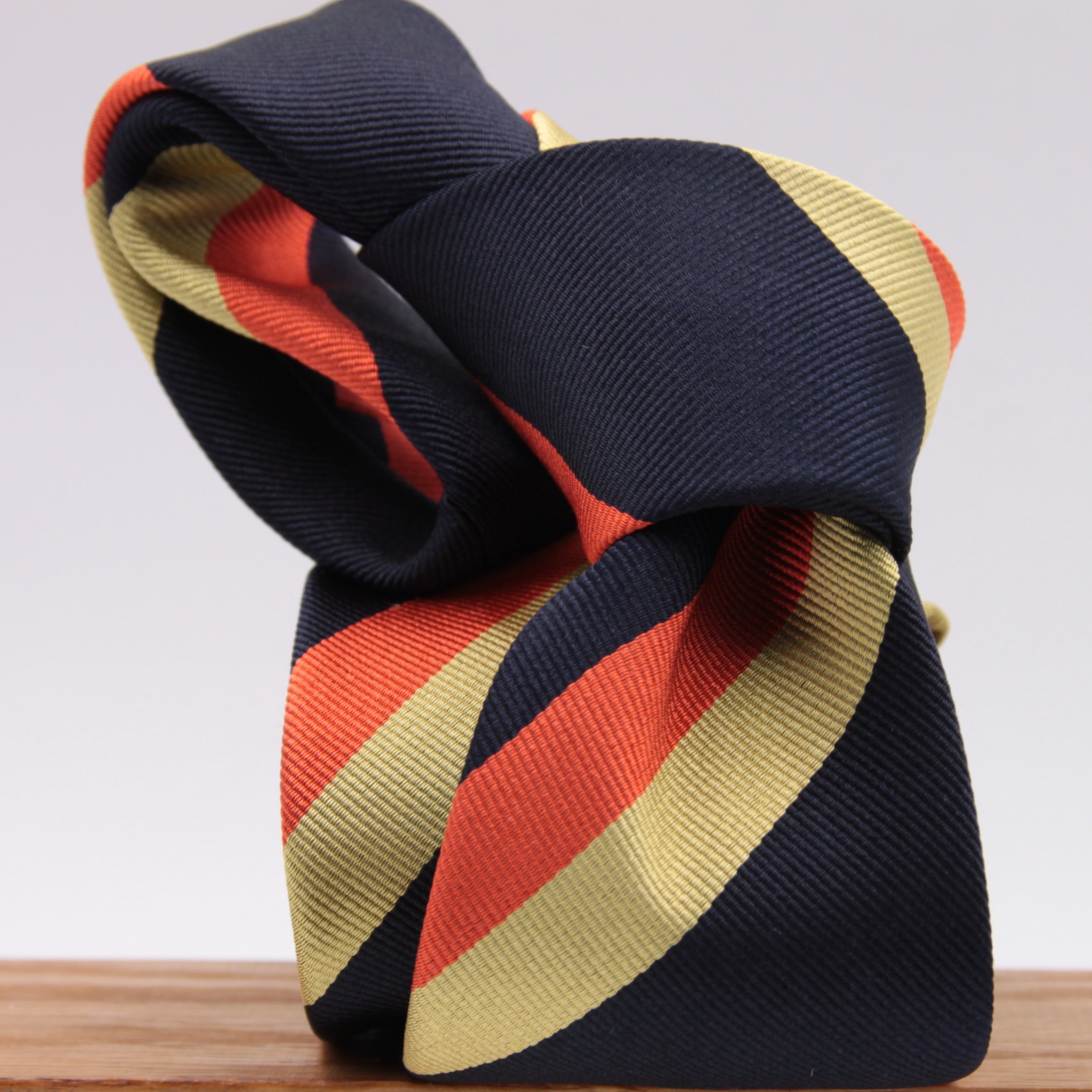 Cruciani & Bella 100% Silk Slim Shape Jacquard  Unlined Regimental "Oxfordshire and Buckinghamshire" Dark Blue, Gold and Orange stripes tie Handmade in Italy 8 cm x 150 cm #6145