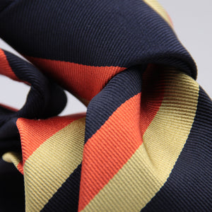 Cruciani & Bella 100% Silk Slim Shape Jacquard  Unlined Regimental "Oxfordshire and Buckinghamshire" Dark Blue, Gold and Orange stripes tie Handmade in Italy 8 cm x 150 cm #6145
