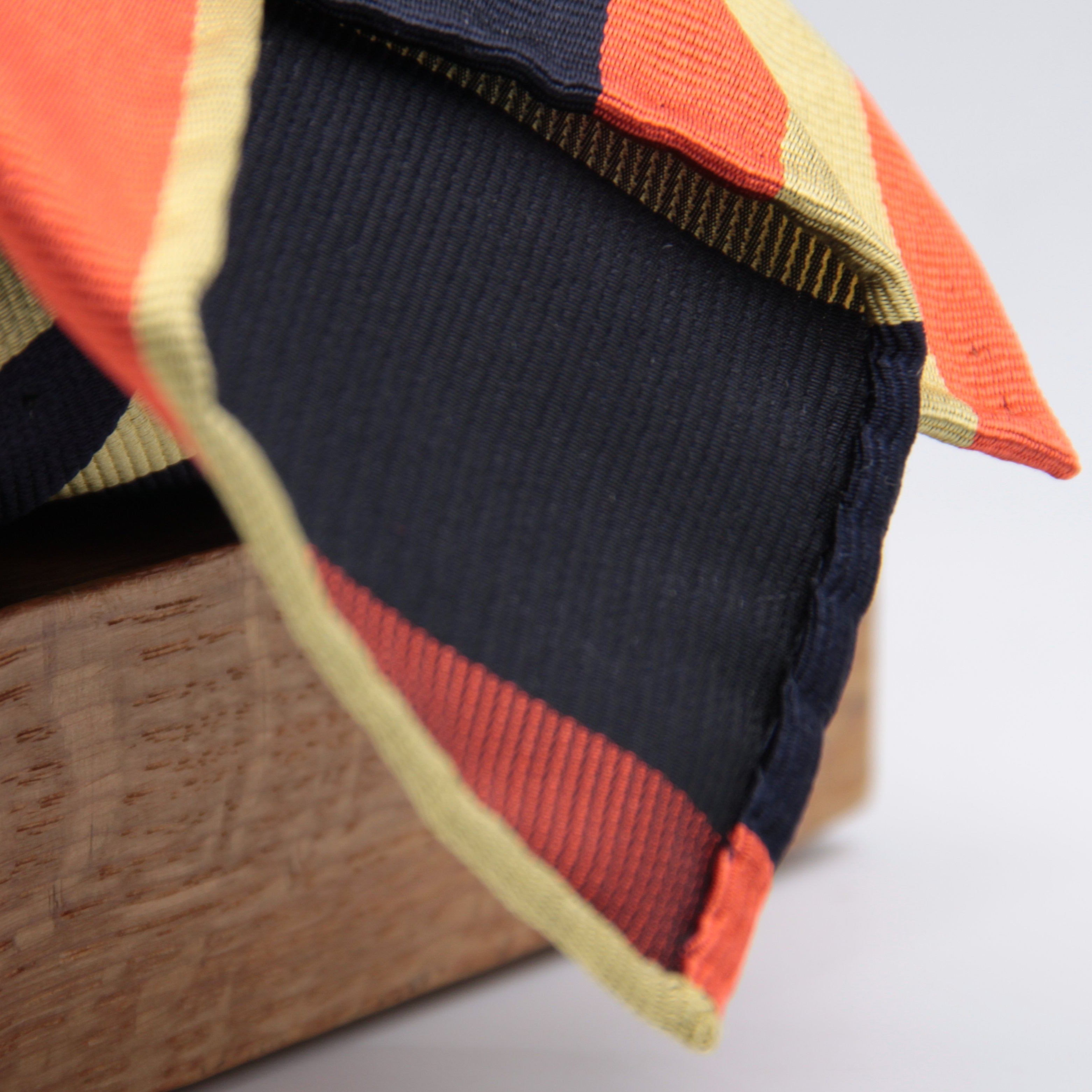 Cruciani & Bella 100% Silk Slim Shape Jacquard  Unlined Regimental "Oxfordshire and Buckinghamshire" Dark Blue, Gold and Orange stripes tie Handmade in Italy 8 cm x 150 cm #6145