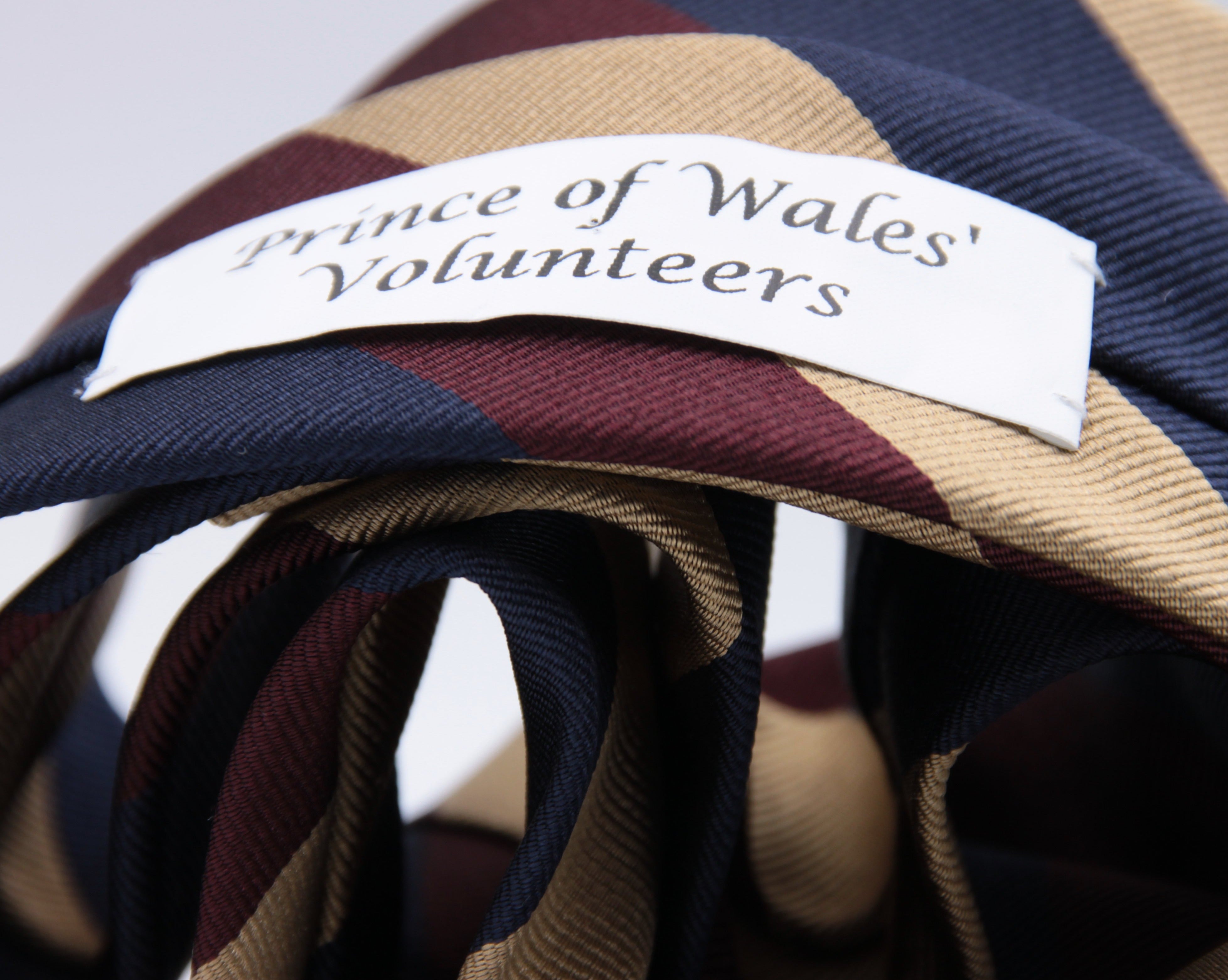Cruciani & Bella 100% Silk Slim Shape Jacquard  Unlined Regimental " Prince of Wales Volunteers" Dark Blue, Gold and Wine stripes tie Handmade in Italy 8 cm x 150 cm #6146