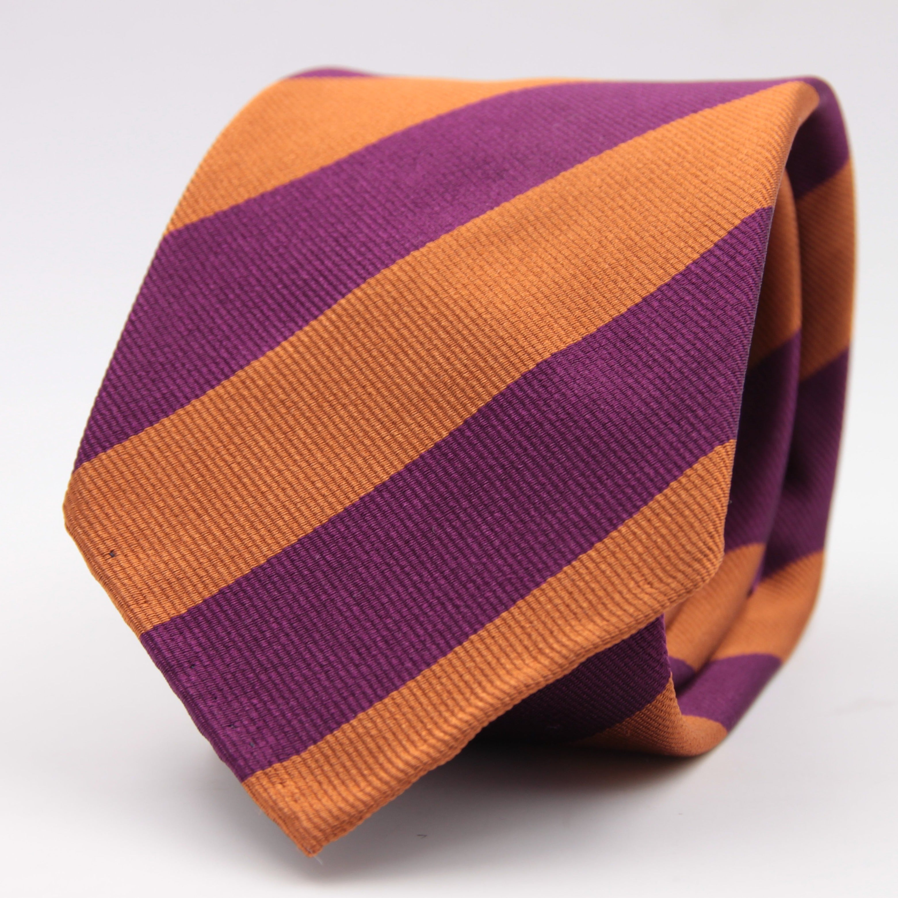 Cruciani & Bella 100% Silk Slim Shape Jacquard  Unlined Regimental "1st Battalion Northumberland Fusiliers" Fucsia and Orange stripes tie Handmade in Italy 8 cm x 150 cm #6154