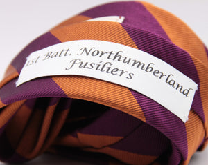 Cruciani & Bella 100% Silk Slim Shape Jacquard  Unlined Regimental "1st Battalion Northumberland Fusiliers" Fucsia and Orange stripes tie Handmade in Italy 8 cm x 150 cm #6154