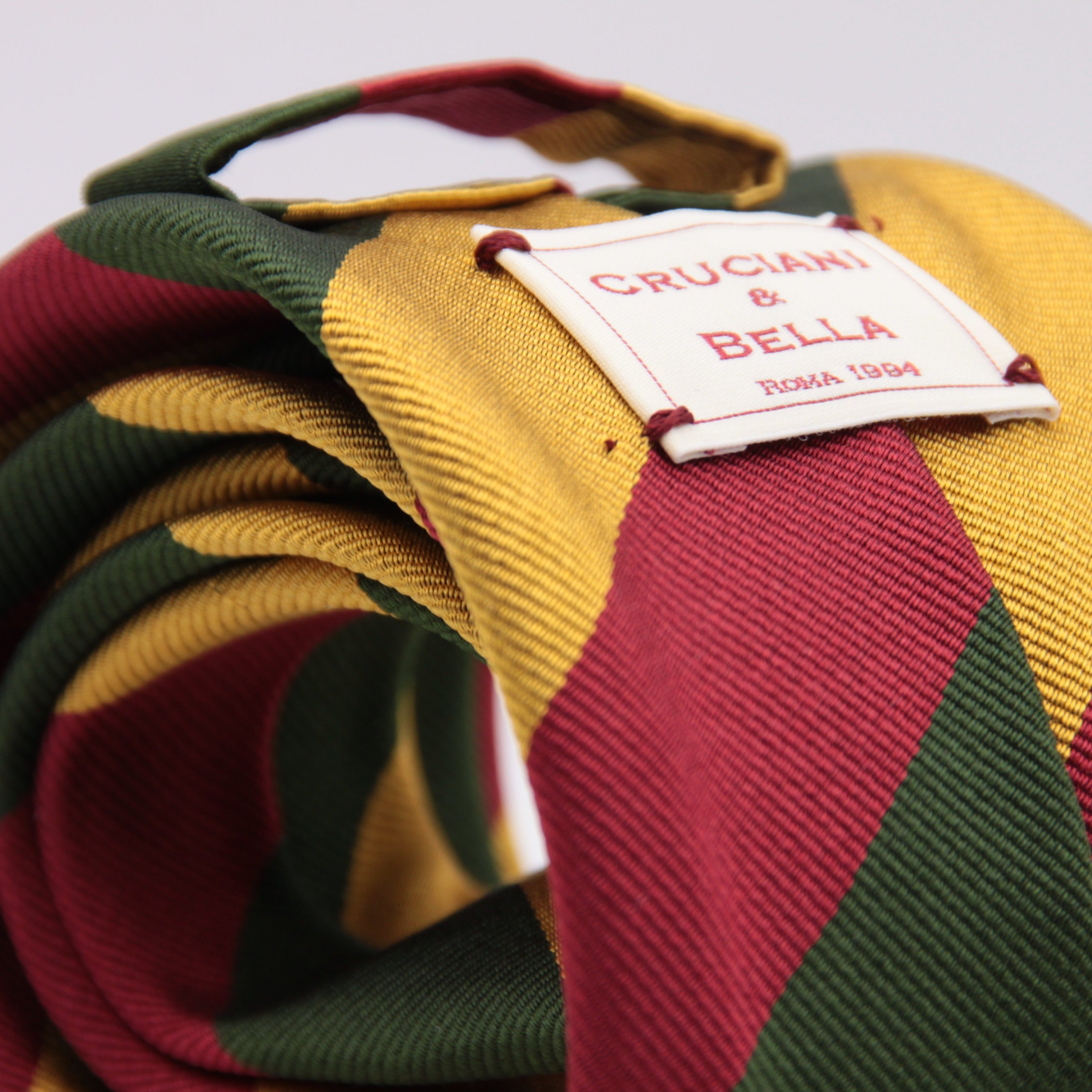 Cruciani & Bella 100% Silk Slim Shape Jacquard  Unlined Regimental "6th Inniskilling Dragoon Guards" Green, Red and Gold stripes tie Handmade in Italy 8 cm x 150 cm #6155