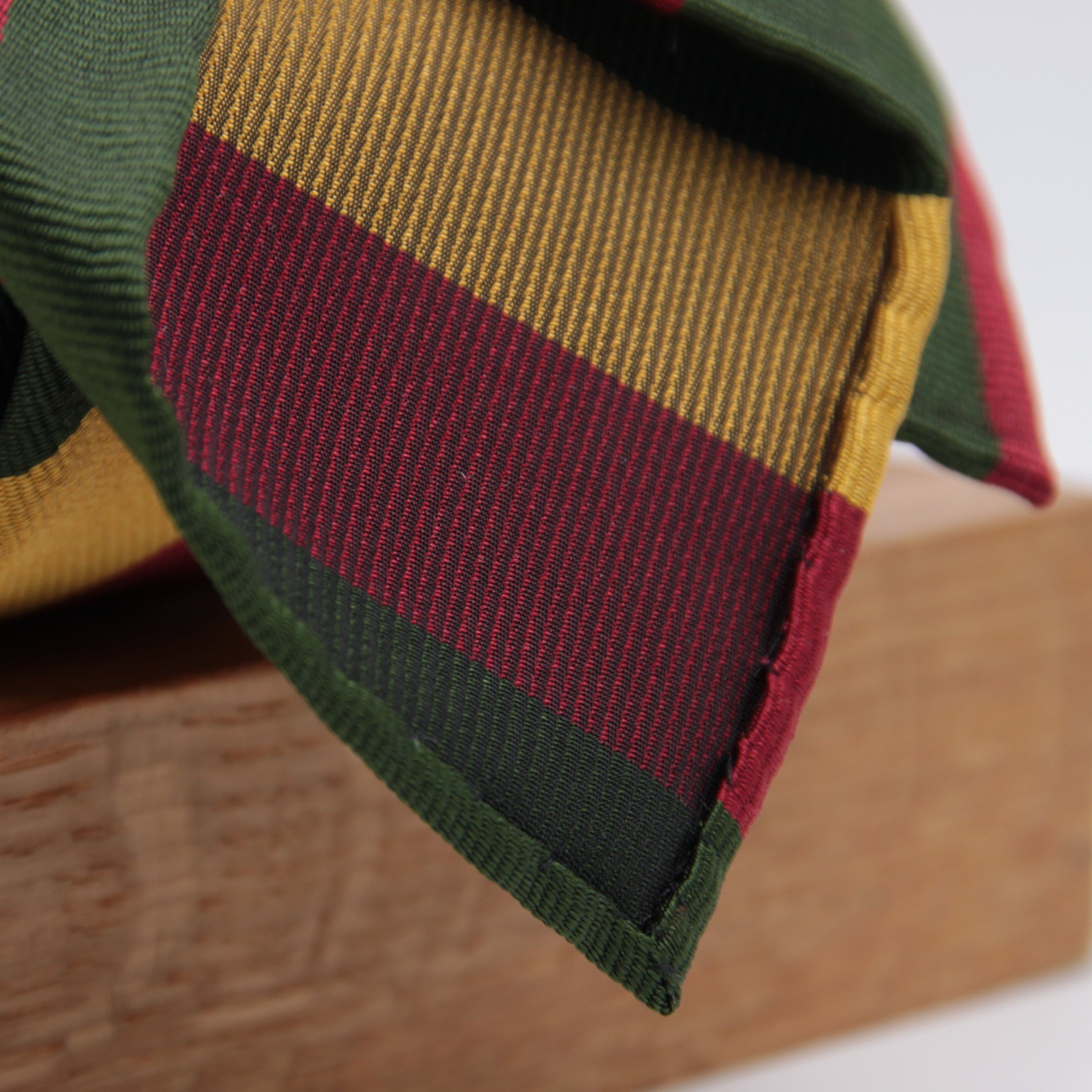 Cruciani & Bella 100% Silk Slim Shape Jacquard  Unlined Regimental "6th Inniskilling Dragoon Guards" Green, Red and Gold stripes tie Handmade in Italy 8 cm x 150 cm #6155