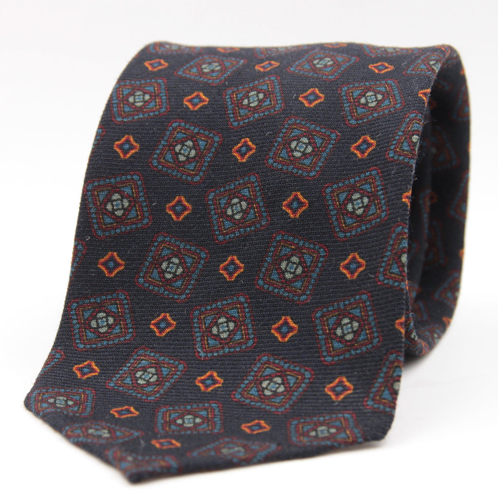 Cruciani & Bella 100%  Printed Wool  Unlined Hand rolled blades Blue, Rust and Orange Motif Tie Handmade in Italy 8 cm x 150 cm #5989
