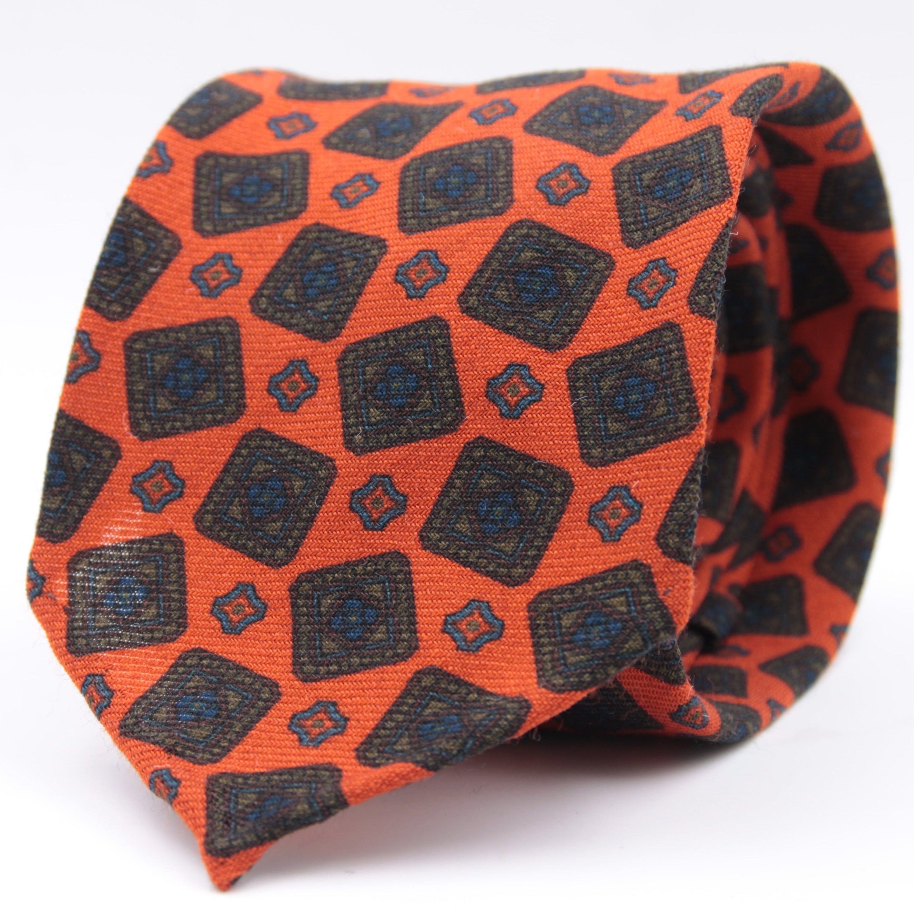 Cruciani & Bella 100%  Printed Wool  Unlined Hand rolled blades Orange, Green and Blue Motif Tie Handmade in Italy 8 cm x 150 cm #5990
