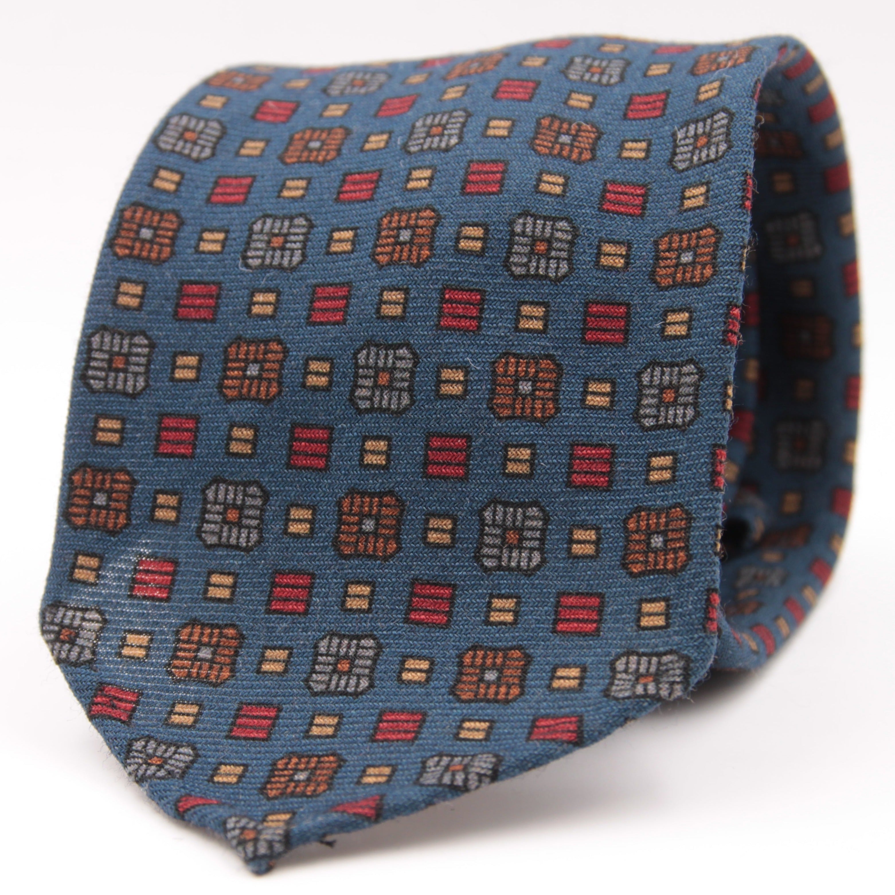 Cruciani & Bella 100%  Printed Wool  Unlined Hand rolled blades Blue, Grey, Orange and Red Motif Tie Handmade in Italy 8 cm x 150 cm #5979