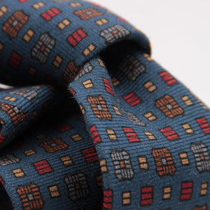 Cruciani & Bella 100%  Printed Wool  Unlined Hand rolled blades Blue, Grey, Orange and Red Motif Tie Handmade in Italy 8 cm x 150 cm #5979