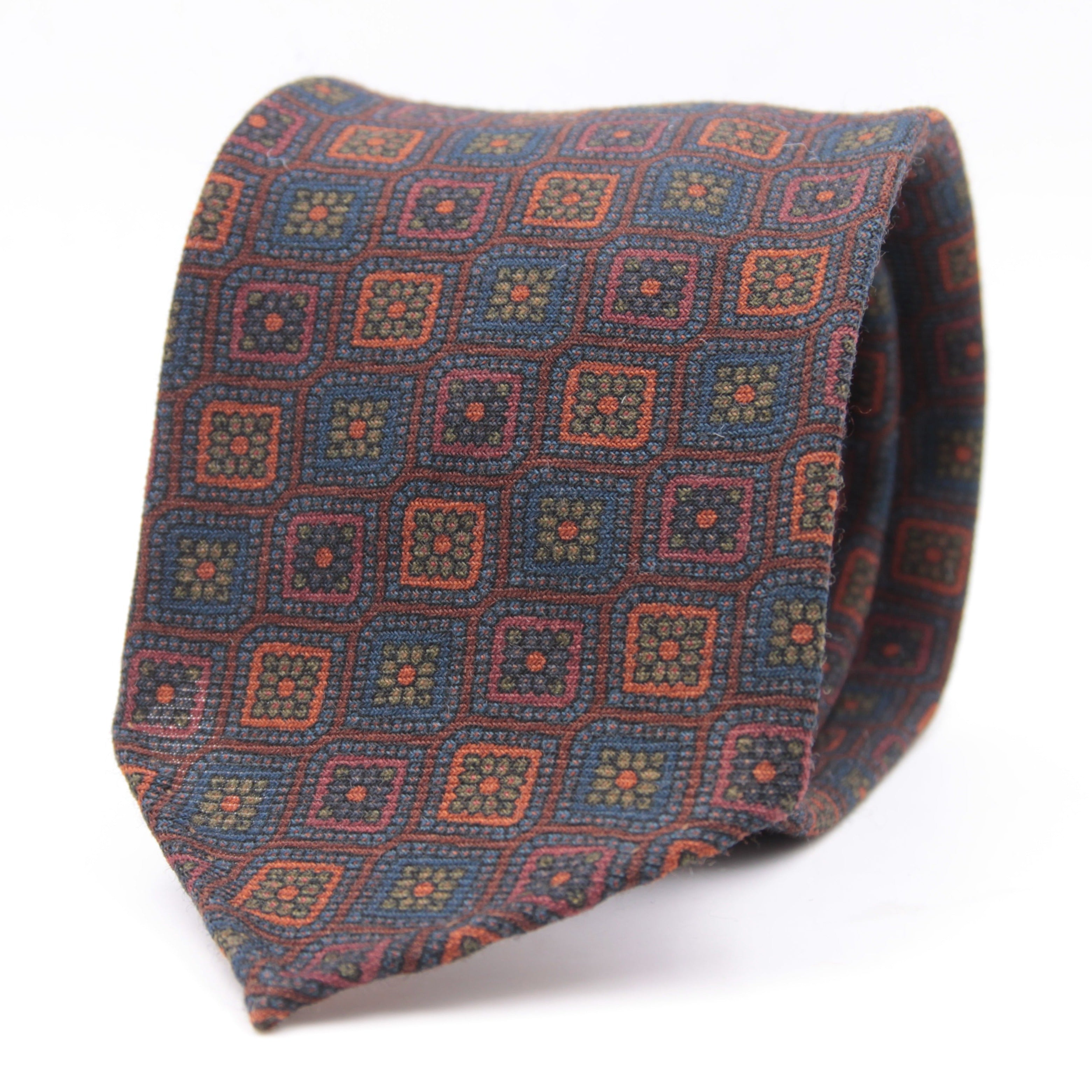 Cruciani & Bella 100%  Printed Wool  Unlined Hand rolled blades Brown, Blue and Orange Motif Tie Handmade in Italy 8 cm x 150 cm #6004