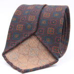 Cruciani & Bella 100%  Printed Wool  Unlined Hand rolled blades Brown, Blue and Orange Motif Tie Handmade in Italy 8 cm x 150 cm #6004