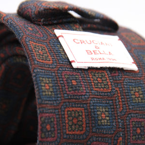 Cruciani & Bella 100%  Printed Wool  Unlined Hand rolled blades Brown, Blue and Orange Motif Tie Handmade in Italy 8 cm x 150 cm #6004