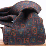 Cruciani & Bella 100%  Printed Wool  Unlined Hand rolled blades Brown, Blue and Orange Motif Tie Handmade in Italy 8 cm x 150 cm #6004