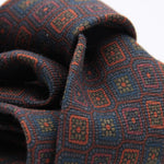 Cruciani & Bella 100%  Printed Wool  Unlined Hand rolled blades Brown, Blue and Orange Motif Tie Handmade in Italy 8 cm x 150 cm #6004