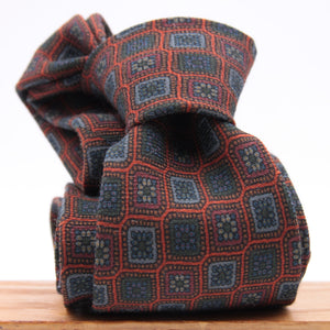 Cruciani & Bella 100%  Printed Wool  Unlined Hand rolled blades Orange, Blue and Grey Motif Tie Handmade in Italy 8 cm x 150 cm #6005