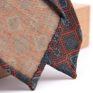 Cruciani & Bella 100%  Printed Wool  Unlined Hand rolled blades Orange, Blue and Grey Motif Tie Handmade in Italy 8 cm x 150 cm #6005
