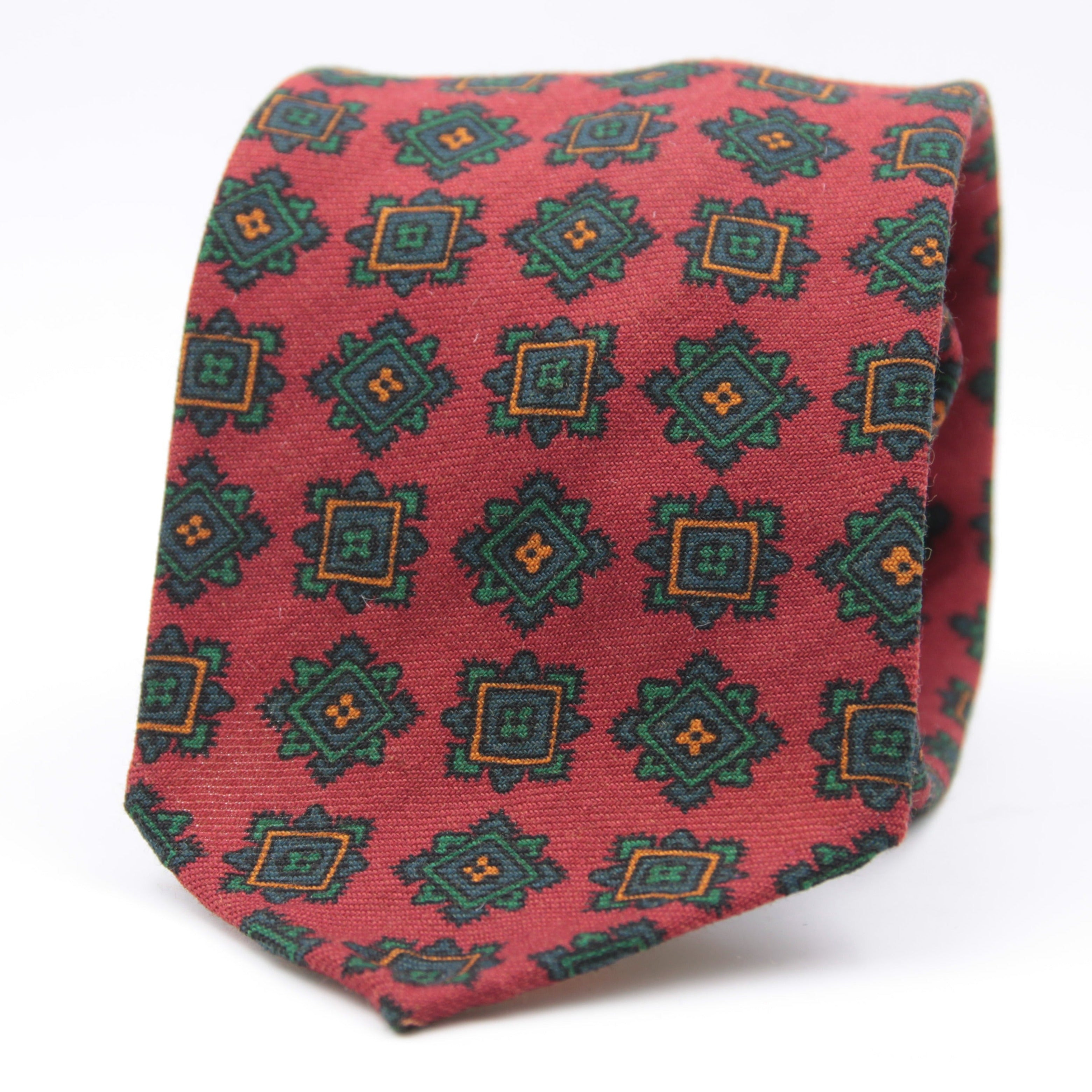 Cruciani & Bella 100%  Printed Wool  Unlined Hand rolled blades Red, Green and Orange Motif Tie Handmade in Italy 8 cm x 150 cm #5977