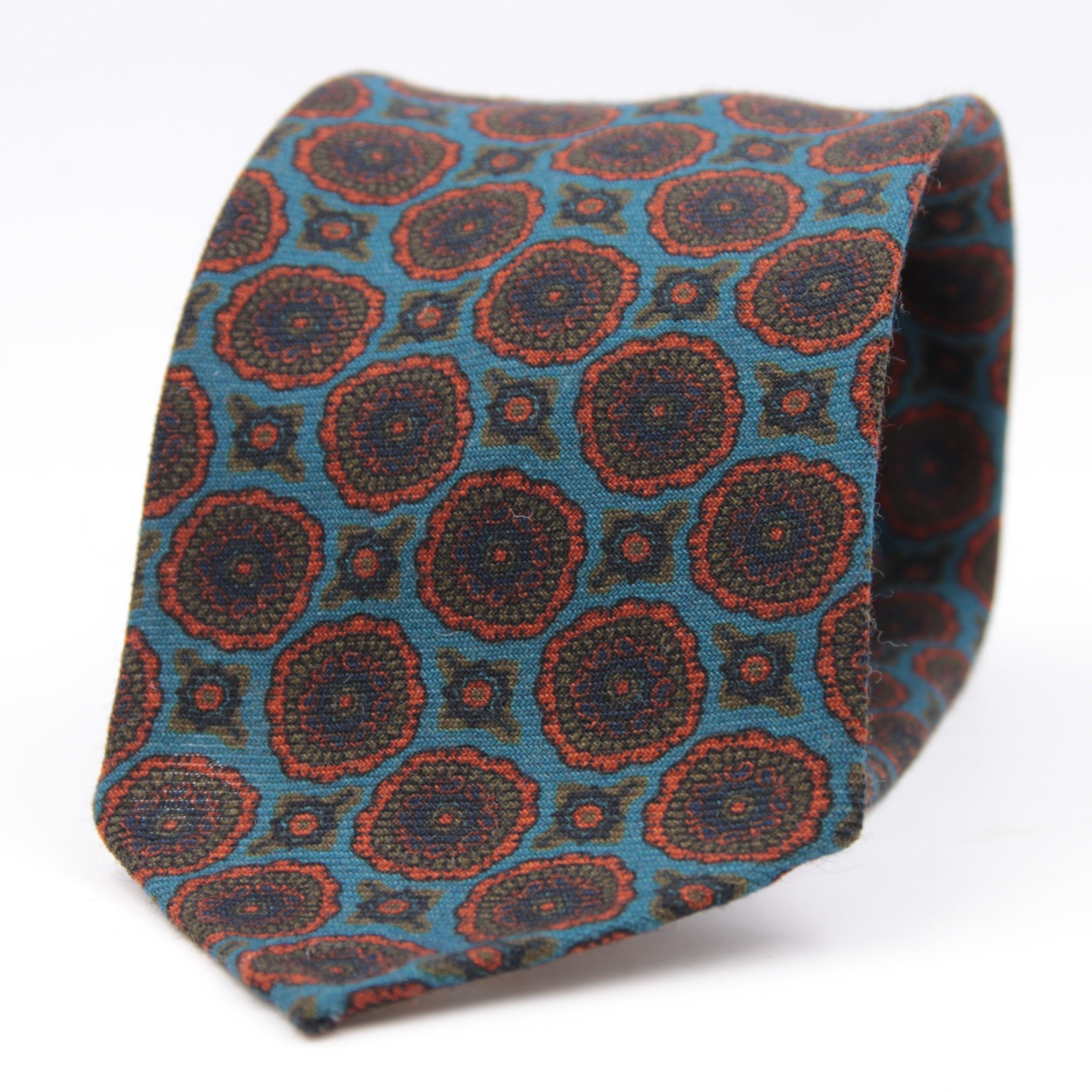 Cruciani & Bella 100%  Printed Wool  Unlined Hand rolled blades Light Blue, Orange and Green Motif Tie Handmade in Italy 8 cm x 150 cm #5973
