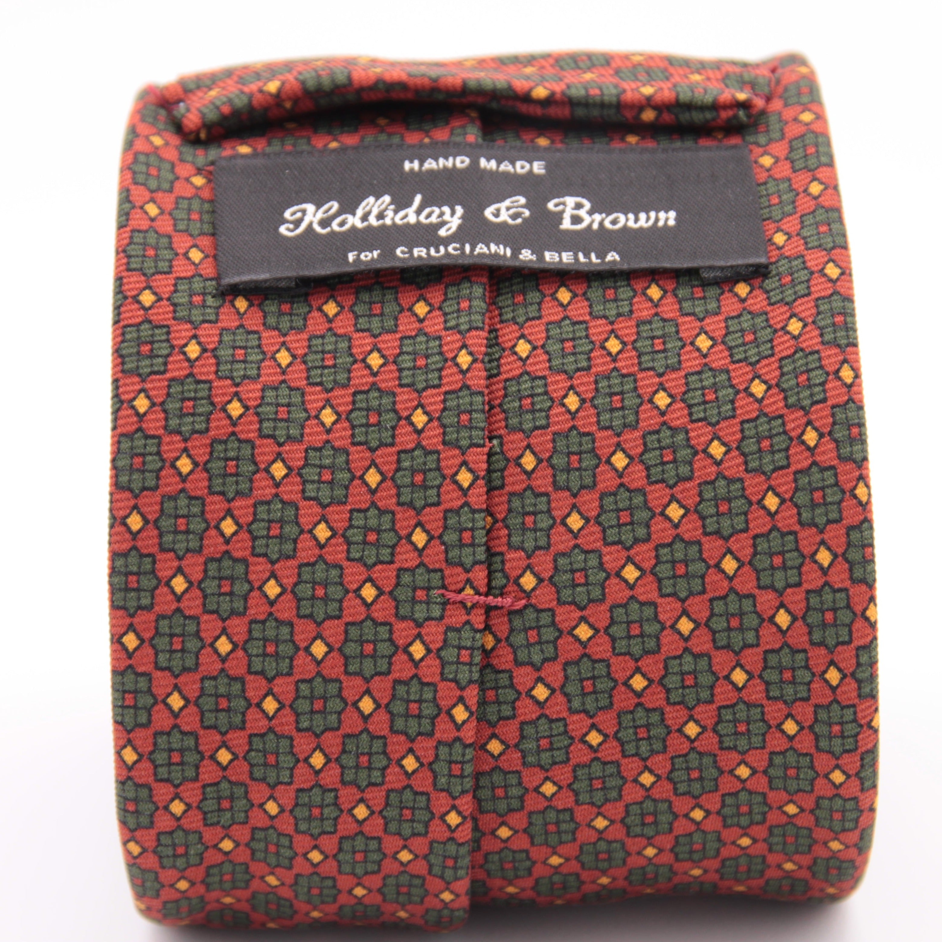 Holliday & Brown for Cruciani & Bella 100% printed Silk Self tipped Wine, Green and Yellow motif tie Handmade in Italy 8 cm x 150 cm 5042