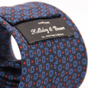 Holliday & Brown for Cruciani & Bella 100% printed Silk Self tipped Blue, Brown and Red motif tie Handmade in Italy 8 cm x 150 cm 5040