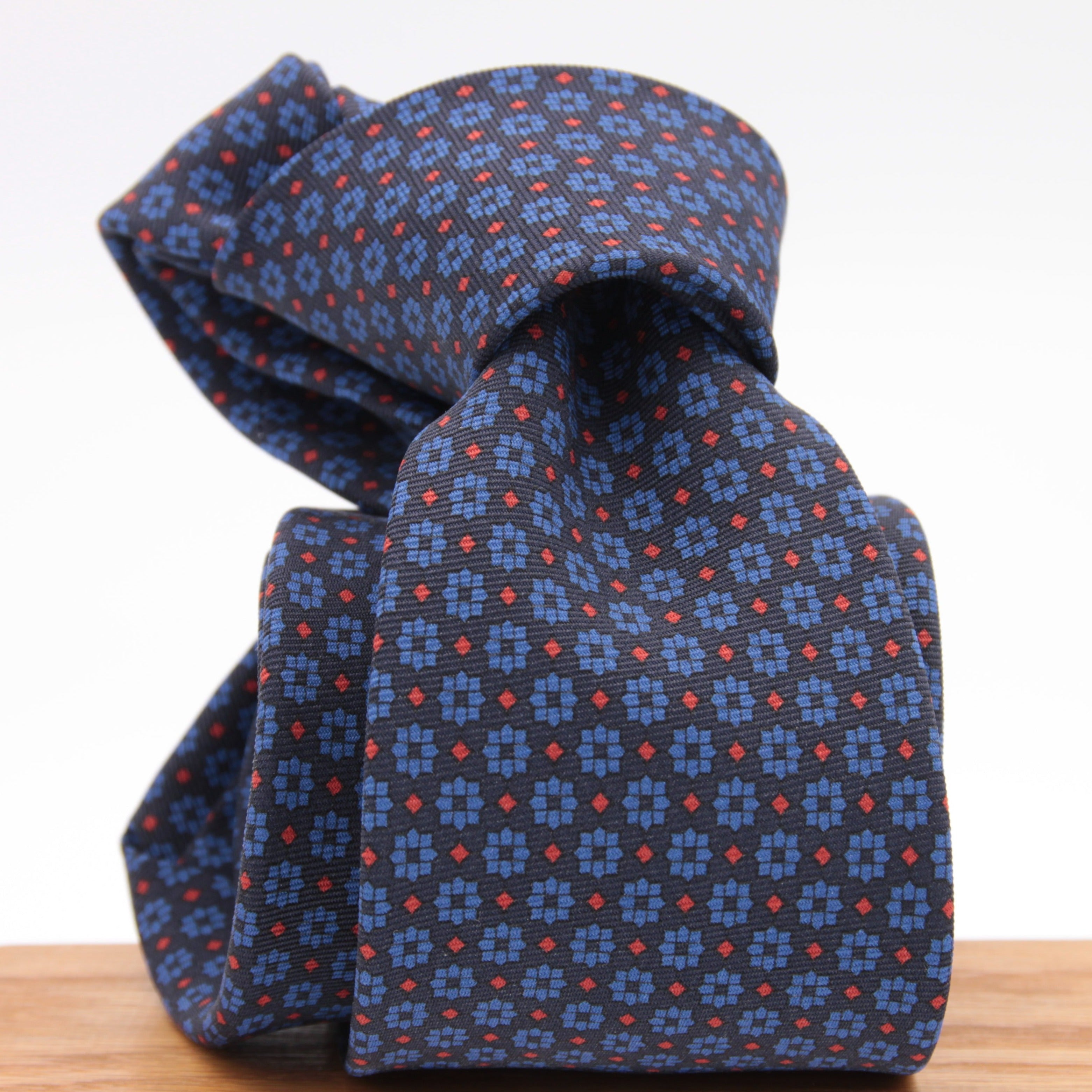 Holliday & Brown for Cruciani & Bella 100% printed Silk Self tipped Blue, Brown and Red motif tie Handmade in Italy 8 cm x 150 cm 5040