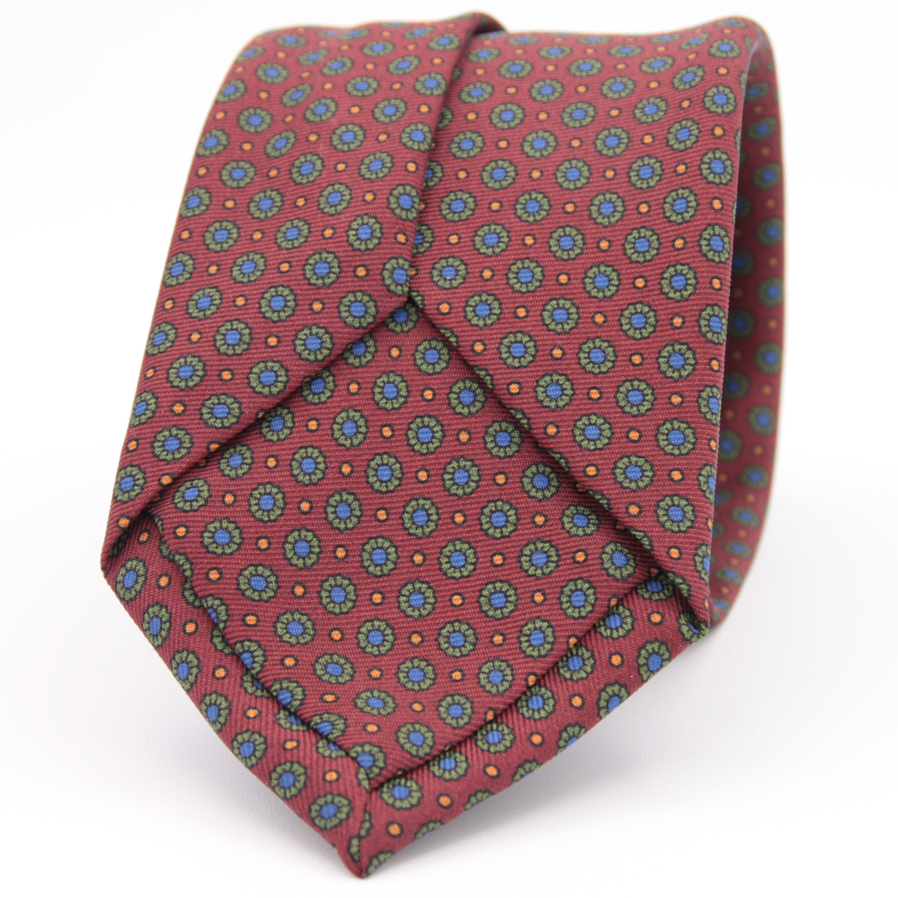 Holliday & Brown for Cruciani & Bella 100% printed Silk Self tipped Wine, Green, Blue and Orange motif tie Handmade in Italy 8 cm x 150 cm 5035