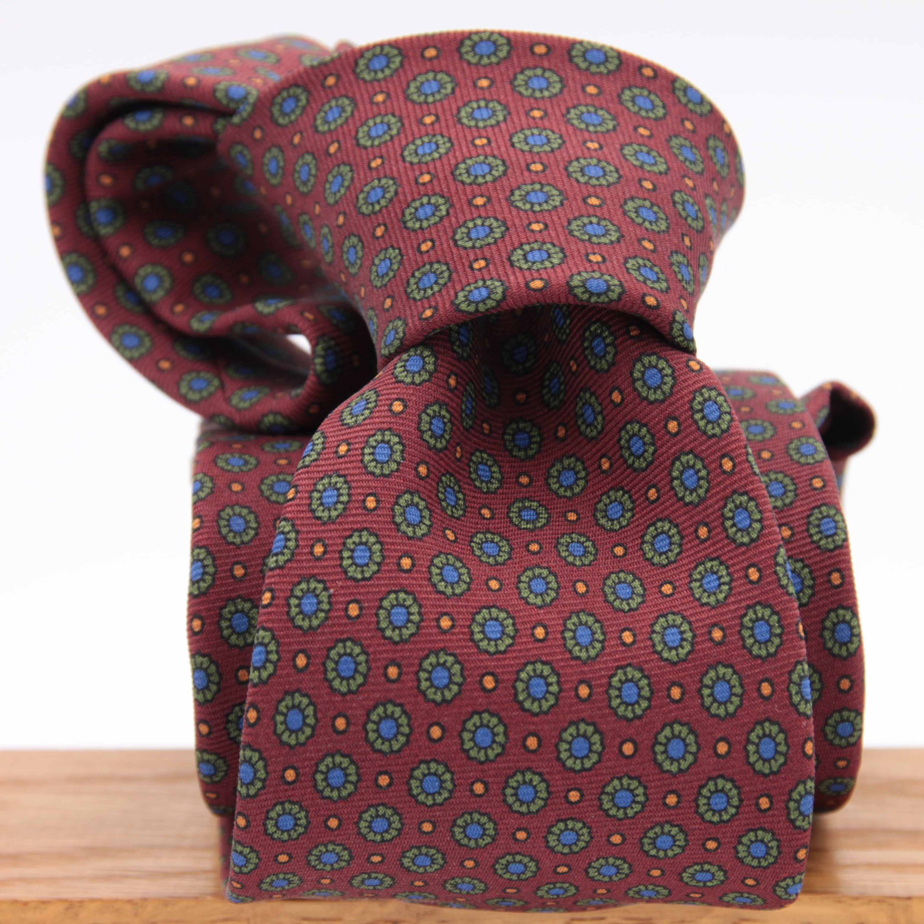 Holliday & Brown for Cruciani & Bella 100% printed Silk Self tipped Wine, Green, Blue and Orange motif tie Handmade in Italy 8 cm x 150 cm 5035