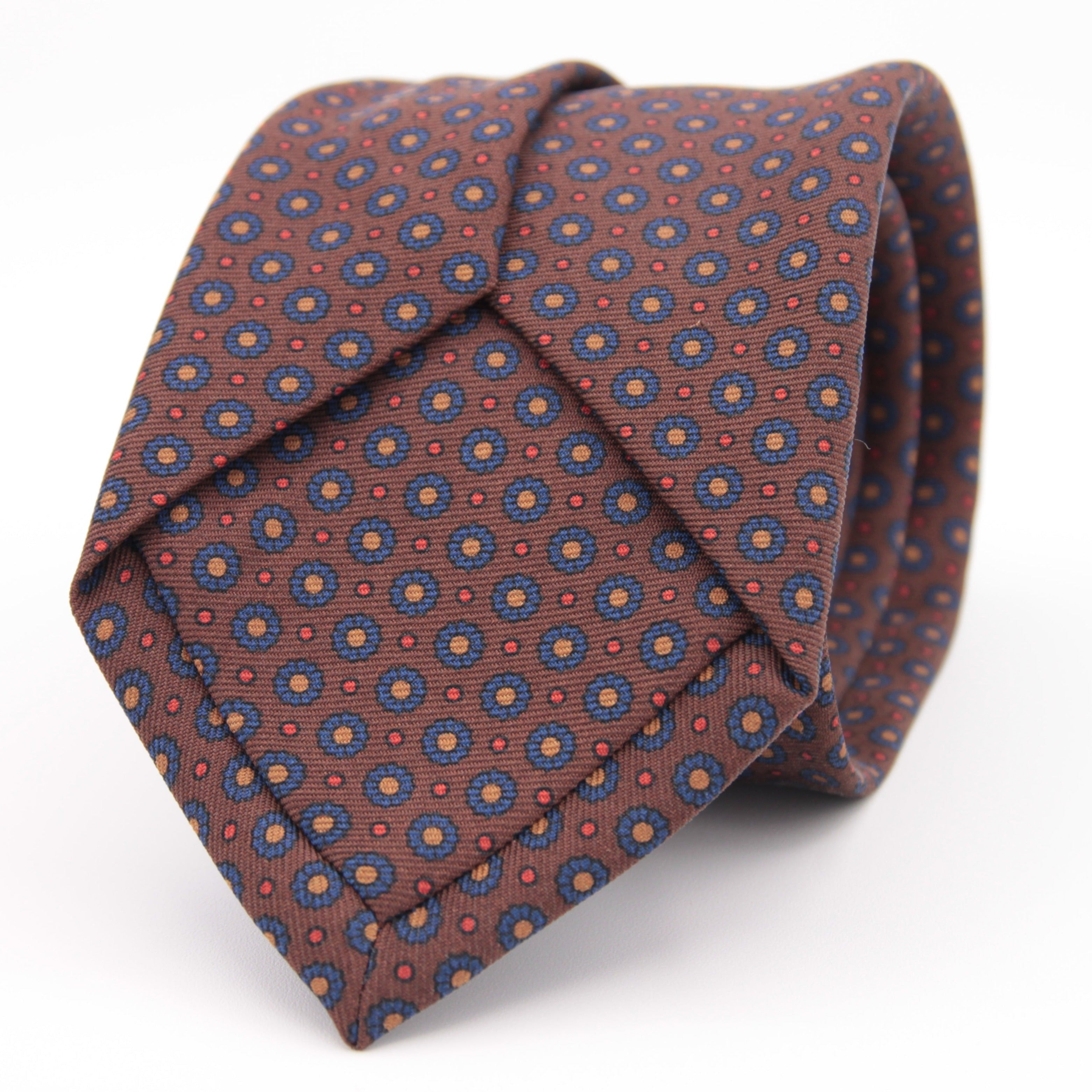 Holliday & Brown for Cruciani & Bella 100% printed Silk Self tipped Brown, Blue, Yellow and Red motif tie Handmade in Italy 8 cm x 150 cm 5036