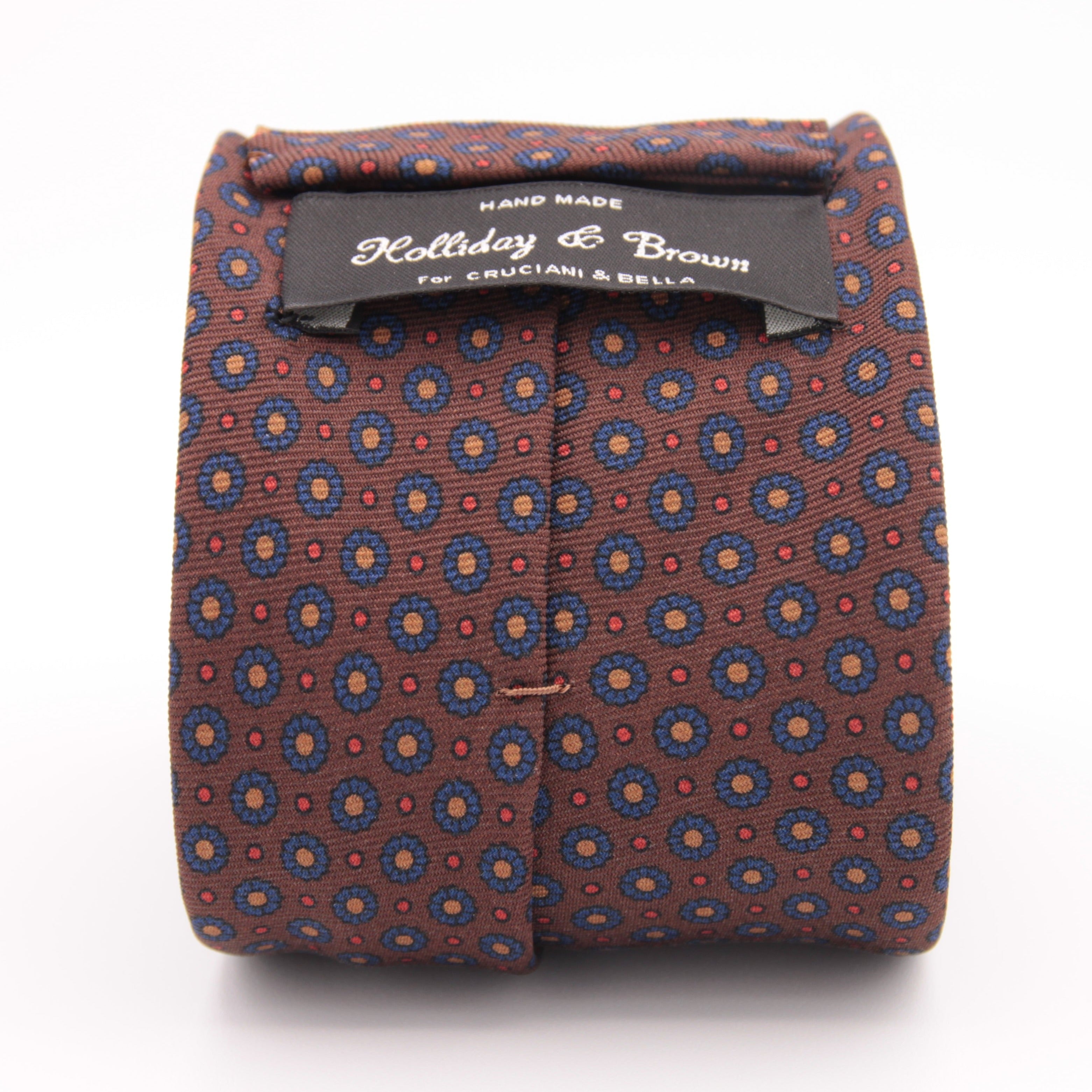 Holliday & Brown for Cruciani & Bella 100% printed Silk Self tipped Brown, Blue, Yellow and Red motif tie Handmade in Italy 8 cm x 150 cm 5036