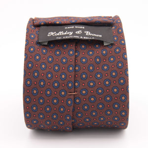 Holliday & Brown for Cruciani & Bella 100% printed Silk Self tipped Brown, Blue, Yellow and Red motif tie Handmade in Italy 8 cm x 150 cm 5036