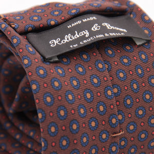 Holliday & Brown for Cruciani & Bella 100% printed Silk Self tipped Brown, Blue, Yellow and Red motif tie Handmade in Italy 8 cm x 150 cm 5036