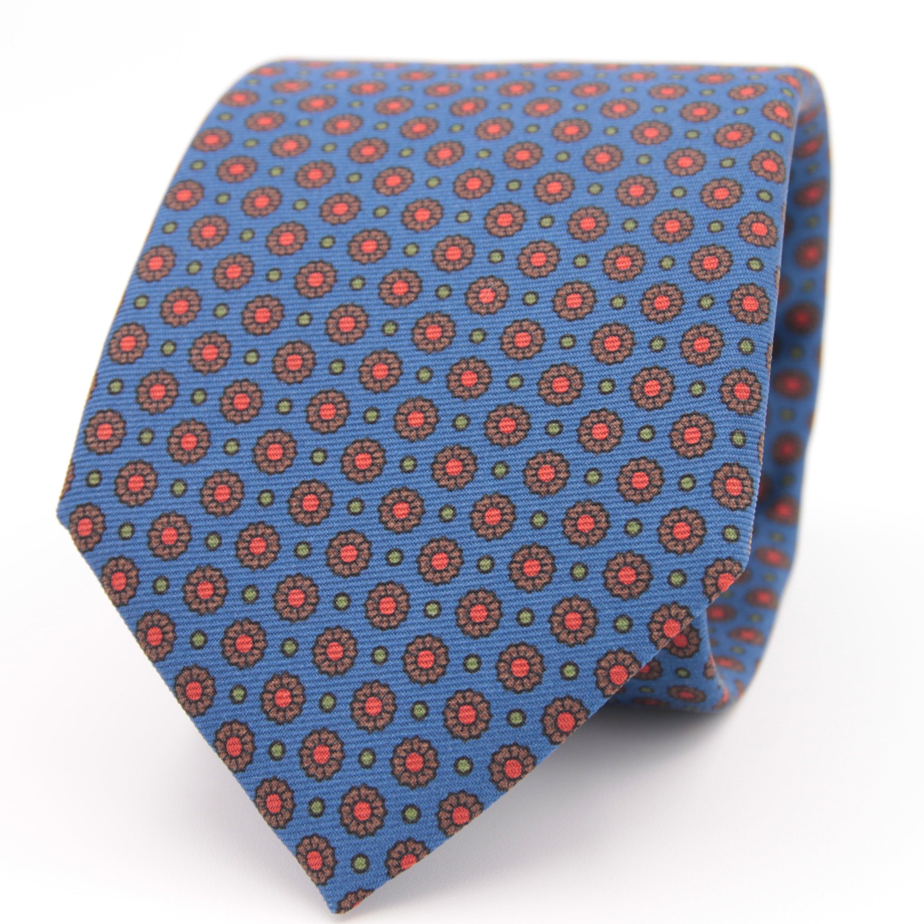 Holliday & Brown for Cruciani & Bella 100% printed Silk Self tipped Light Blue, Brown and Orange motif tie Handmade in Italy 8 cm x 150 cm 5037