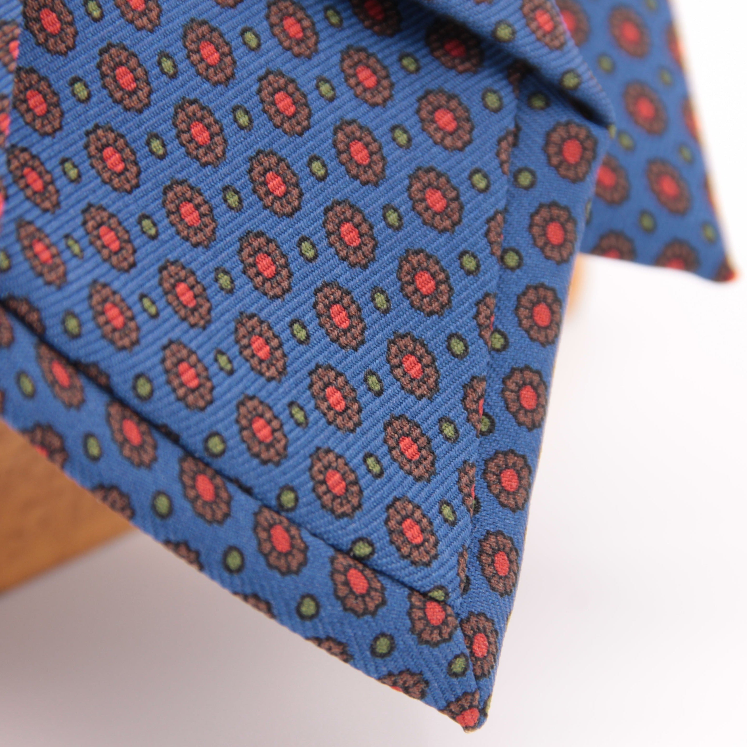 Holliday & Brown for Cruciani & Bella 100% printed Silk Self tipped Light Blue, Brown and Orange motif tie Handmade in Italy 8 cm x 150 cm 5037