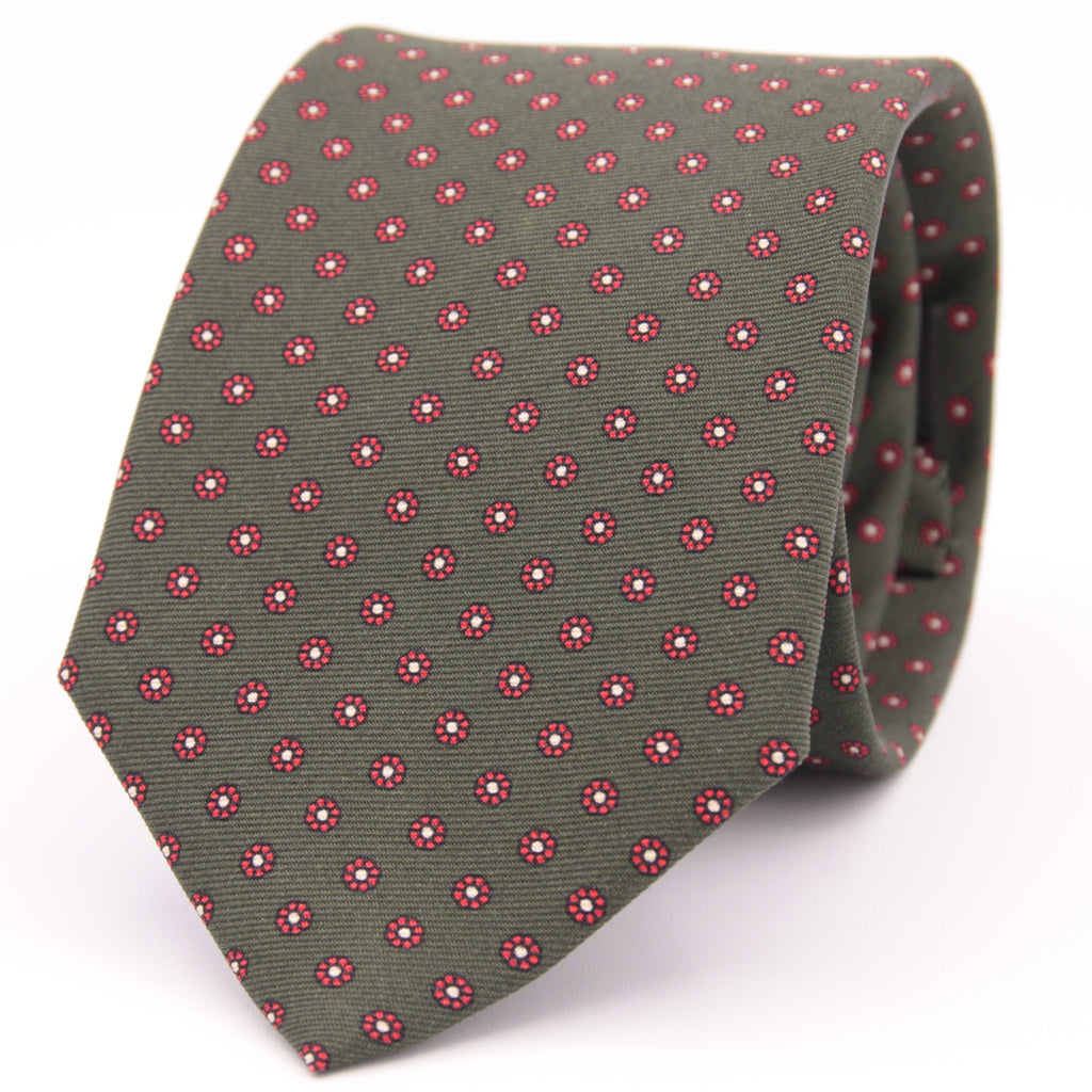 Holliday & Brown for Cruciani & Bella 100% printed Silk Self tipped Green, Red and White motif tie Handmade in Italy 8 cm x 150 cm 5014