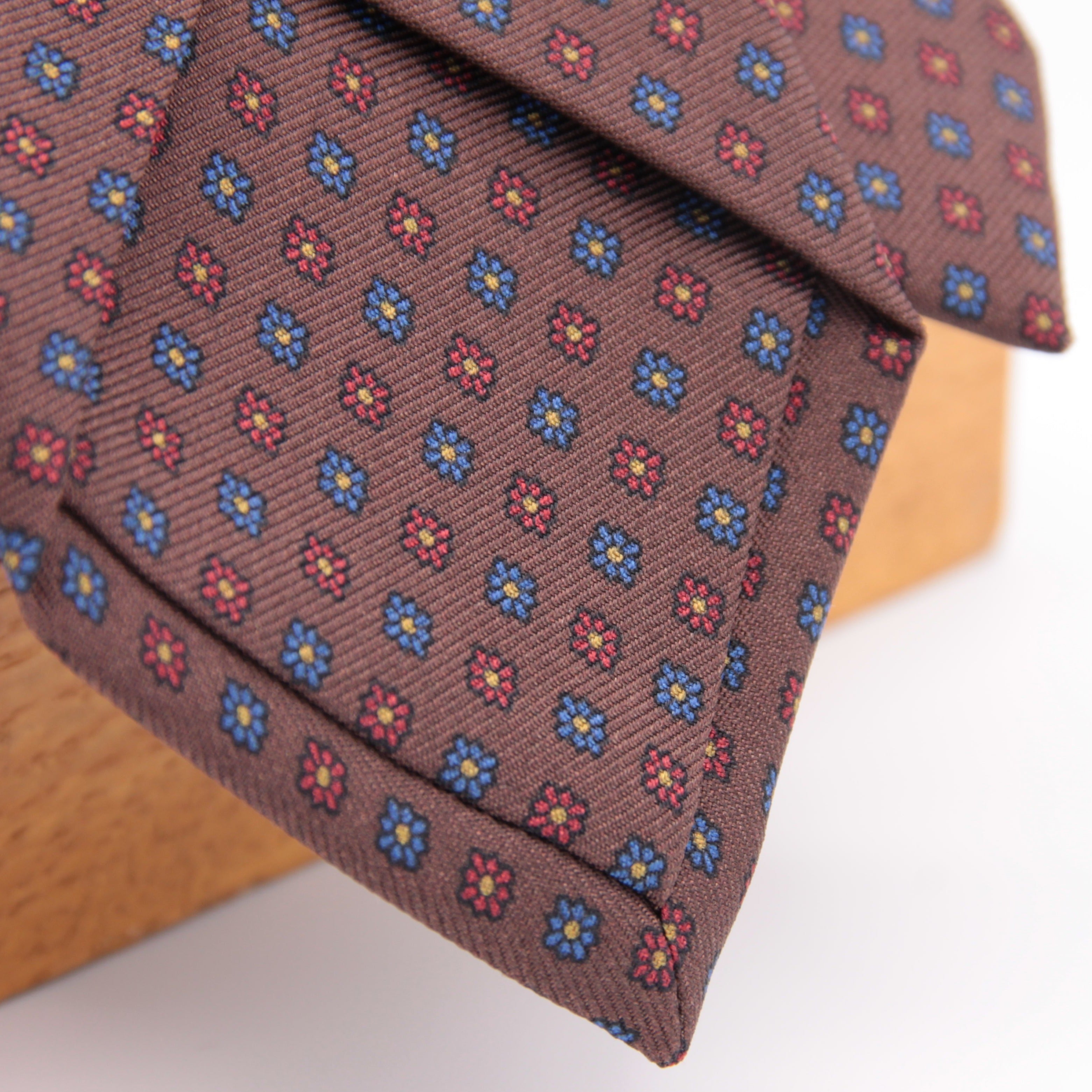 Holliday & Brown for Cruciani & Bella 100% printed Silk Self tipped Brown, Red and Blue motif tie Handmade in Italy 8 cm x 150 cm 5008