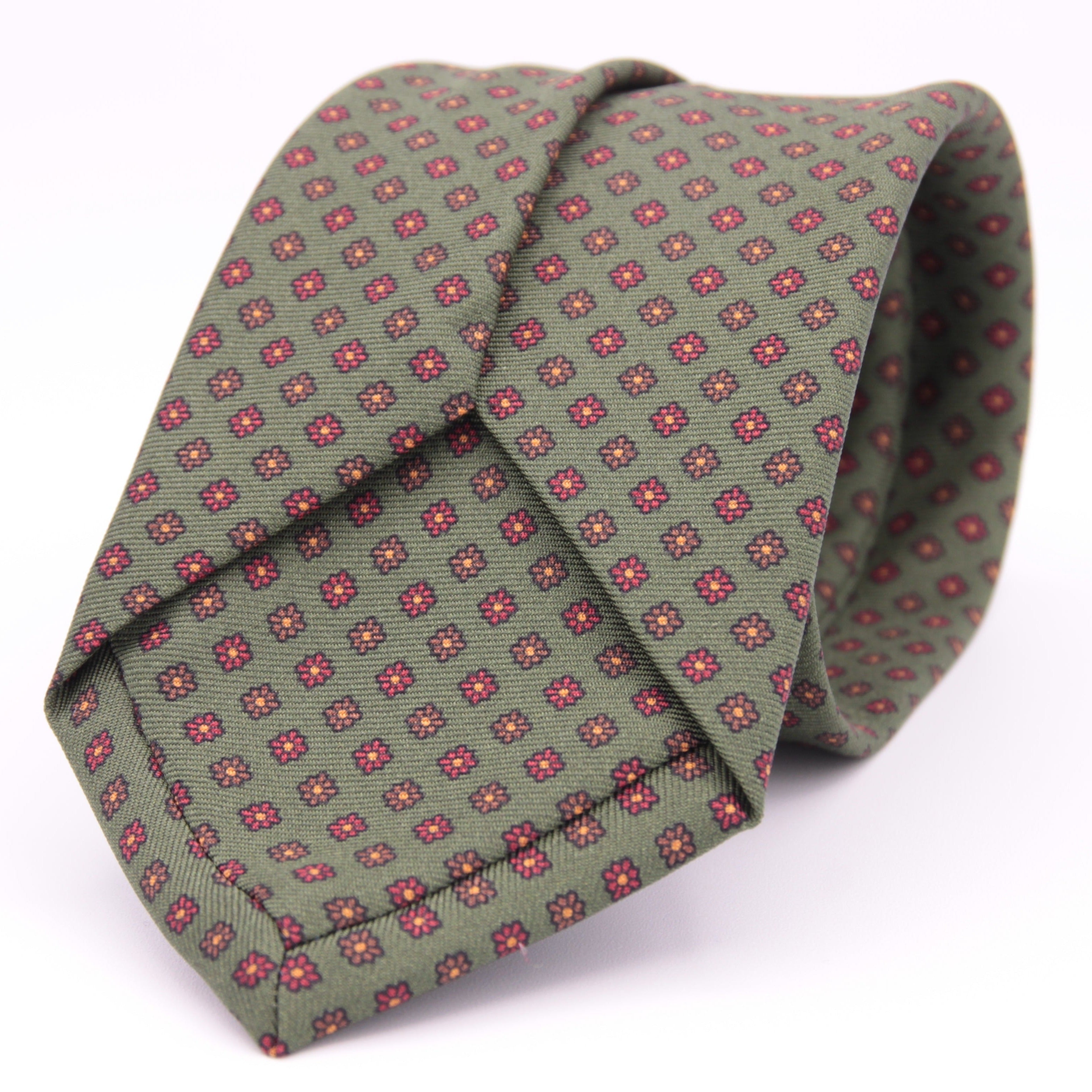 Holliday & Brown for Cruciani & Bella 100% printed Silk Self tipped Green, Red and Brown motif tie Handmade in Italy 8 cm x 150 cm 5011