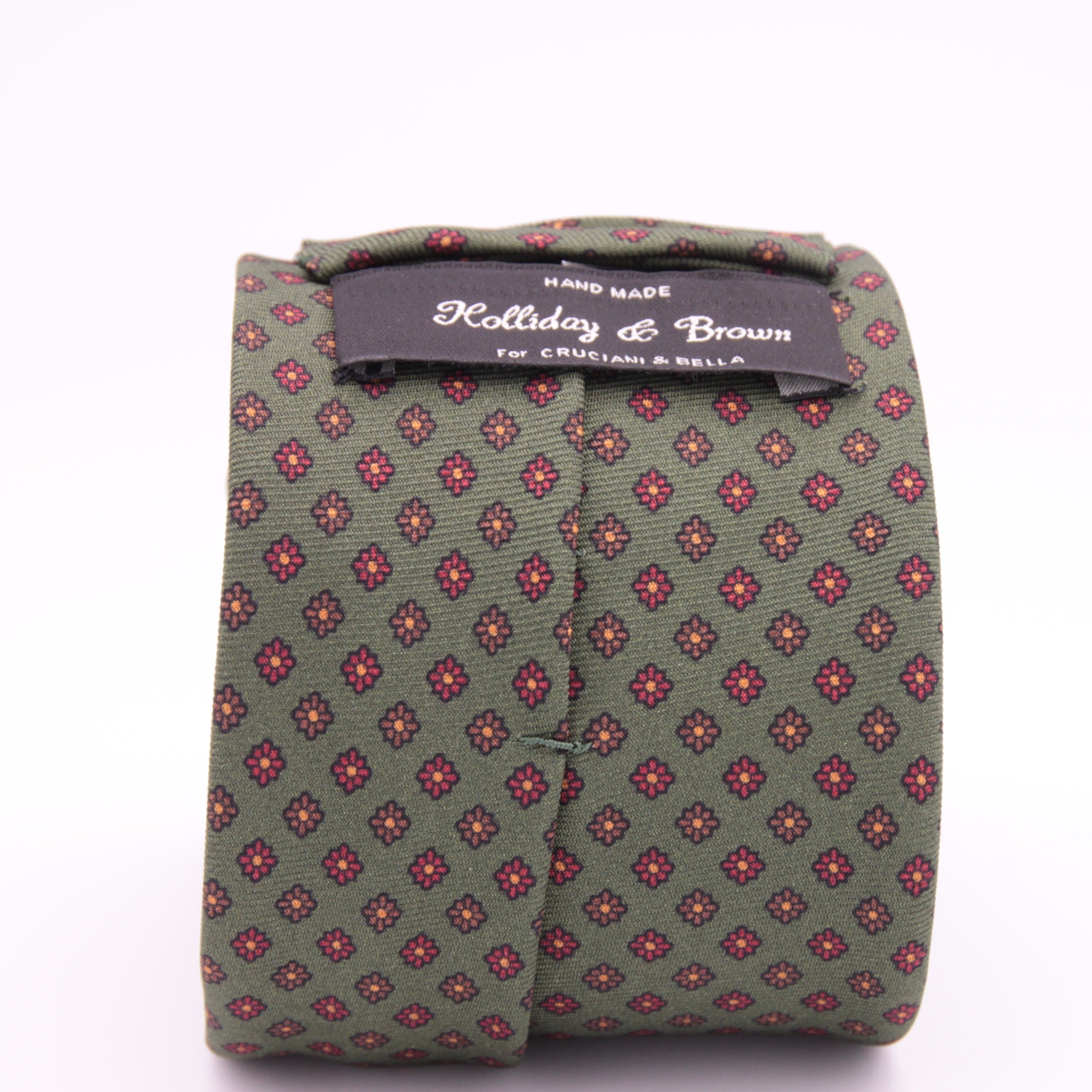 Holliday & Brown for Cruciani & Bella 100% printed Silk Self tipped Green, Red and Brown motif tie Handmade in Italy 8 cm x 150 cm 5011