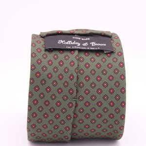 Holliday & Brown for Cruciani & Bella 100% printed Silk Self tipped Green, Red and Brown motif tie Handmade in Italy 8 cm x 150 cm 5011