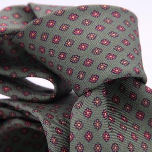 Holliday & Brown for Cruciani & Bella 100% printed Silk Self tipped Green, Red and Brown motif tie Handmade in Italy 8 cm x 150 cm 5011