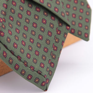 Holliday & Brown for Cruciani & Bella 100% printed Silk Self tipped Green, Red and Brown motif tie Handmade in Italy 8 cm x 150 cm 5011