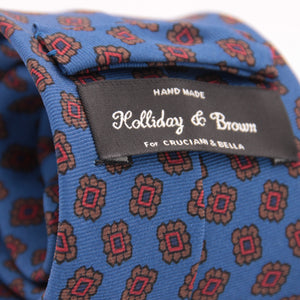 Holliday & Brown for Cruciani & Bella 100% printed Silk Self tipped Blue, Brown and Red motif tie Handmade in Italy 8 cm x 150 cm 5064