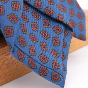 Holliday & Brown for Cruciani & Bella 100% printed Silk Self tipped Blue, Brown and Red motif tie Handmade in Italy 8 cm x 150 cm 5064