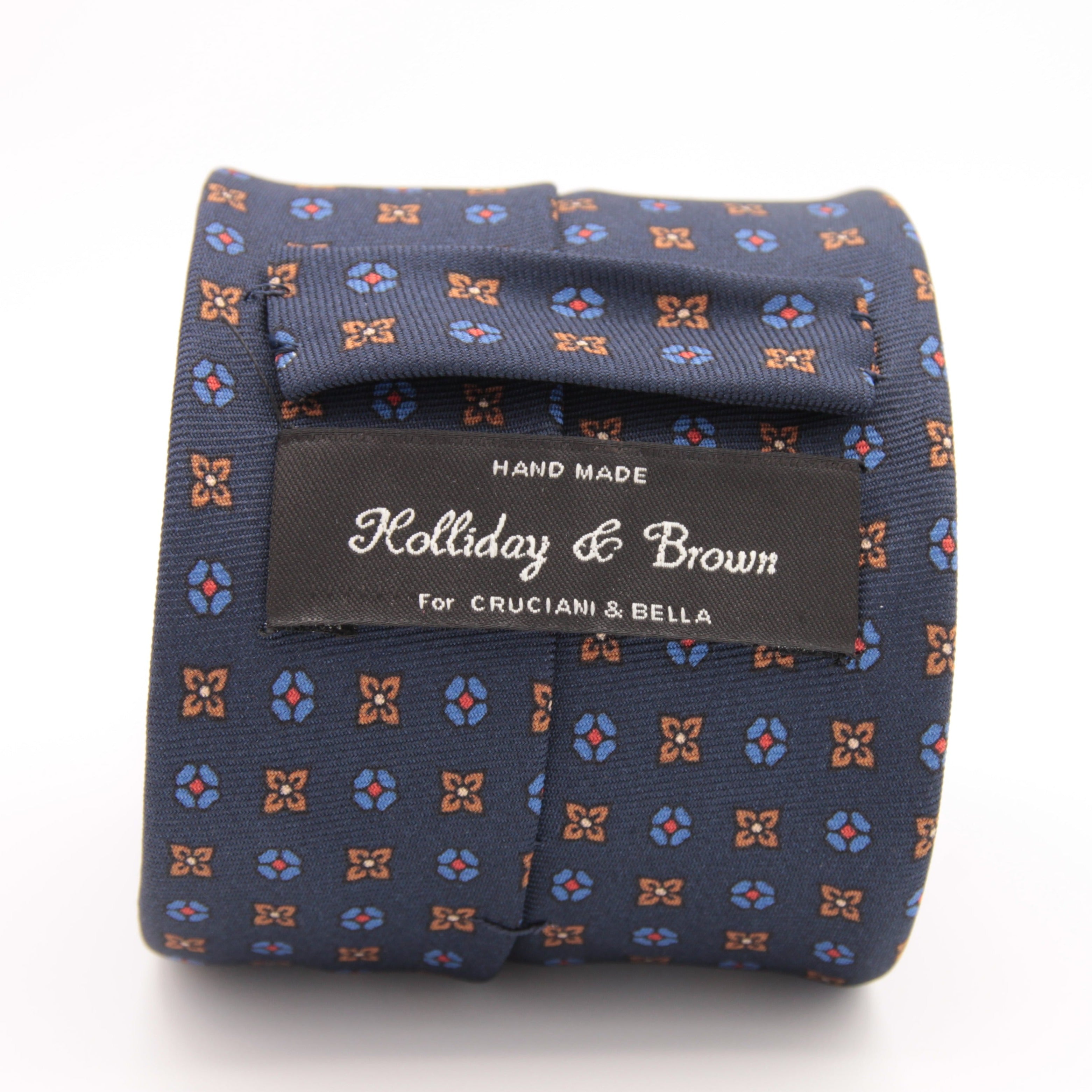 Holliday & Brown for Cruciani & Bella 100% printed Silk Self tipped Blue, Brown and Red motif tie Handmade in Italy 8 cm x 150 cm 5028