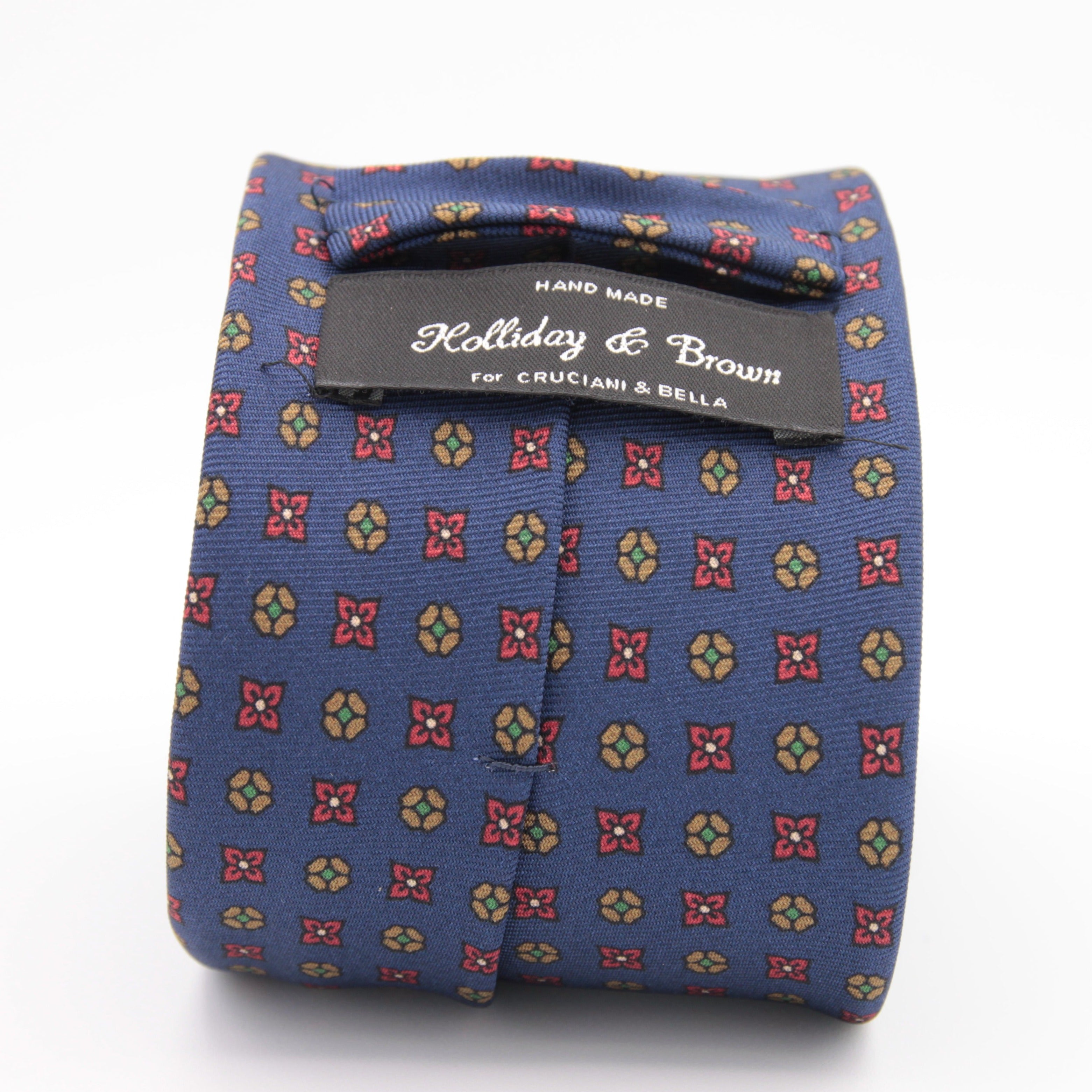 Holliday & Brown for Cruciani & Bella 100% printed Silk Self tipped Light Blue, Brown, Red and Green  motif tie Handmade in Italy 8 cm x 150 cm 5029