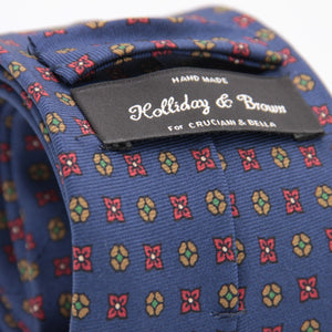 Holliday & Brown for Cruciani & Bella 100% printed Silk Self tipped Light Blue, Brown, Red and Green  motif tie Handmade in Italy 8 cm x 150 cm 5029
