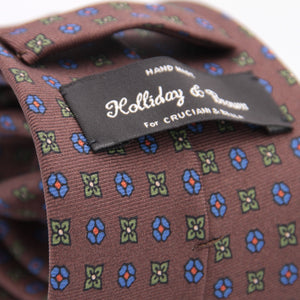 Holliday & Brown for Cruciani & Bella 100% printed Silk Self tipped Brown, Green, Blue and Orange  motif tie Handmade in Italy 8 cm x 150 cm #5030