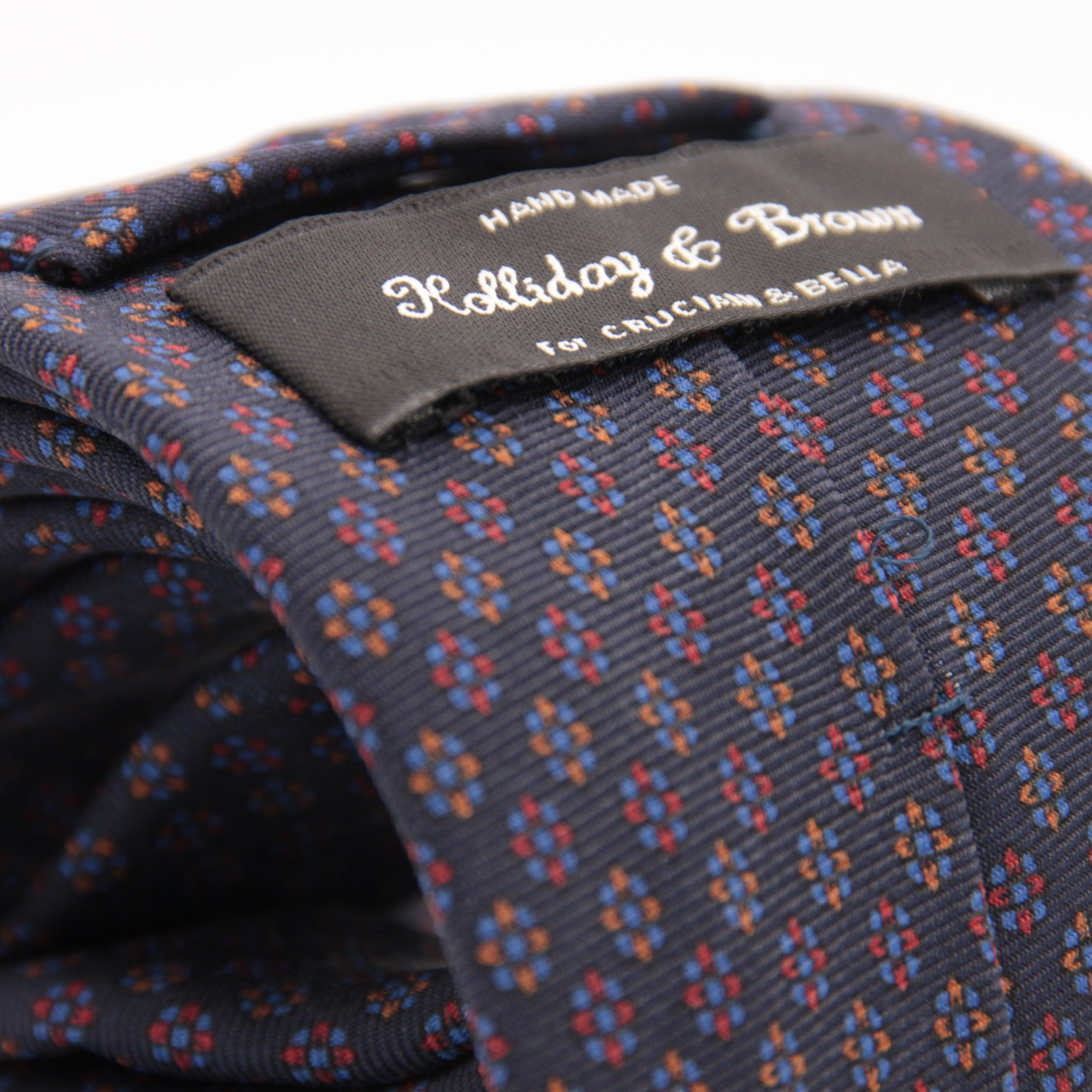 Holliday & Brown for Cruciani & Bella 100% printed Silk Self tipped Blue, Red and Yellow motif tie Handmade in Italy 8 cm x 150 cm #5017