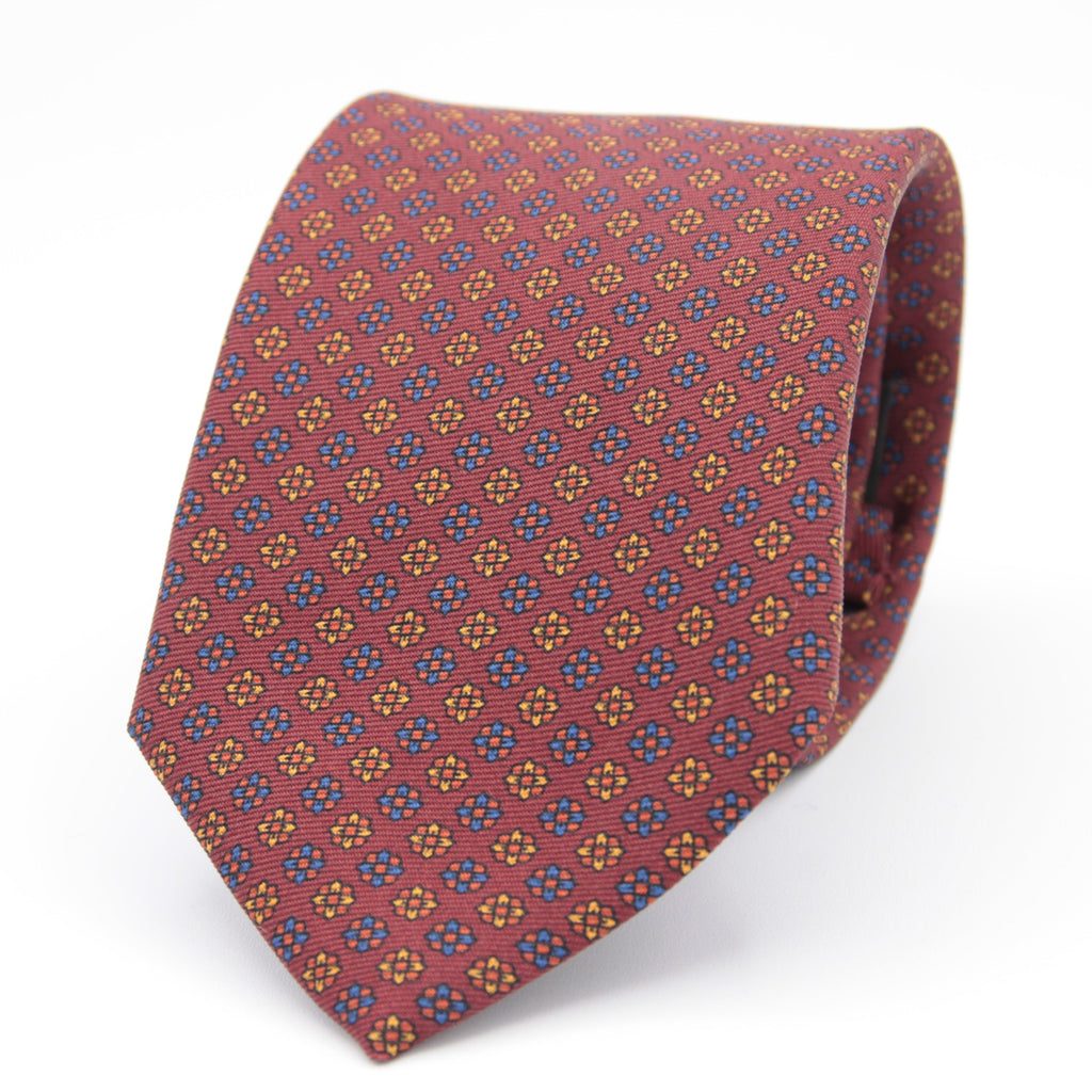 Holliday & Brown for Cruciani & Bella 100% printed Silk Self tipped Red, Blue, Yellow and Orange motif tie Handmade in Italy 8 cm x 150 cm #5019