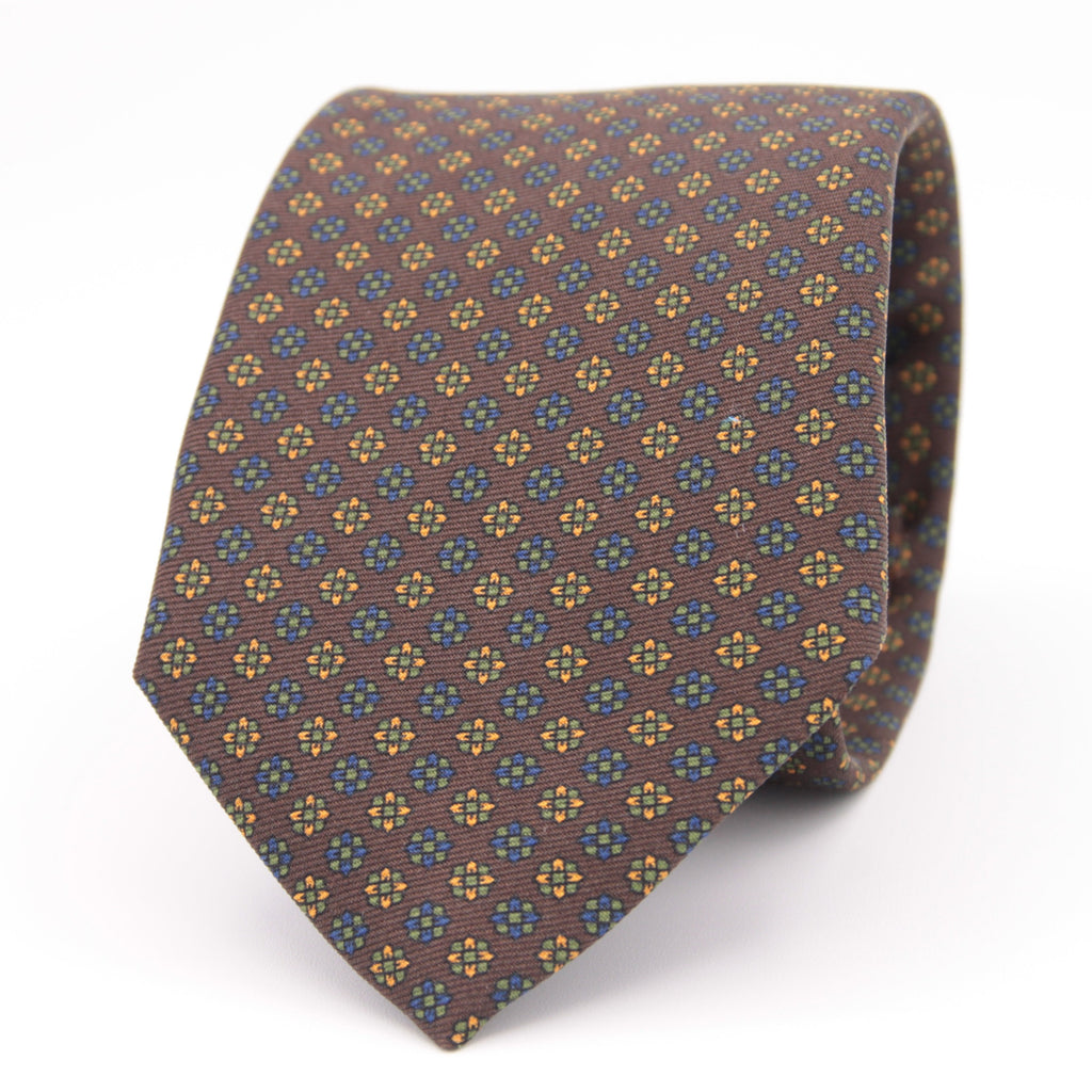 Holliday & Brown for Cruciani & Bella 100% printed Silk Self tipped Brown, Yellow, Blue and Green motif tie Handmade in Italy 8 cm x 150 cm #5021